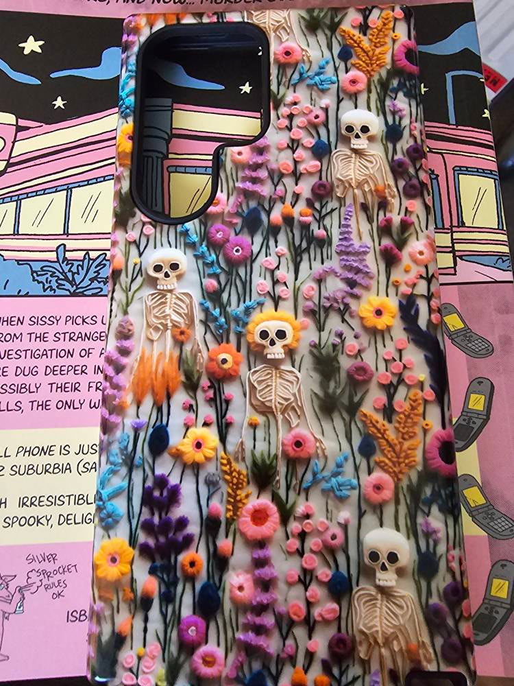 Vintage Skeletons in Bloom Phone Case | Embroidered Look Floral Charm Phone Cover | Halloween Cottagecore | iPhone | Pixel | Samsung