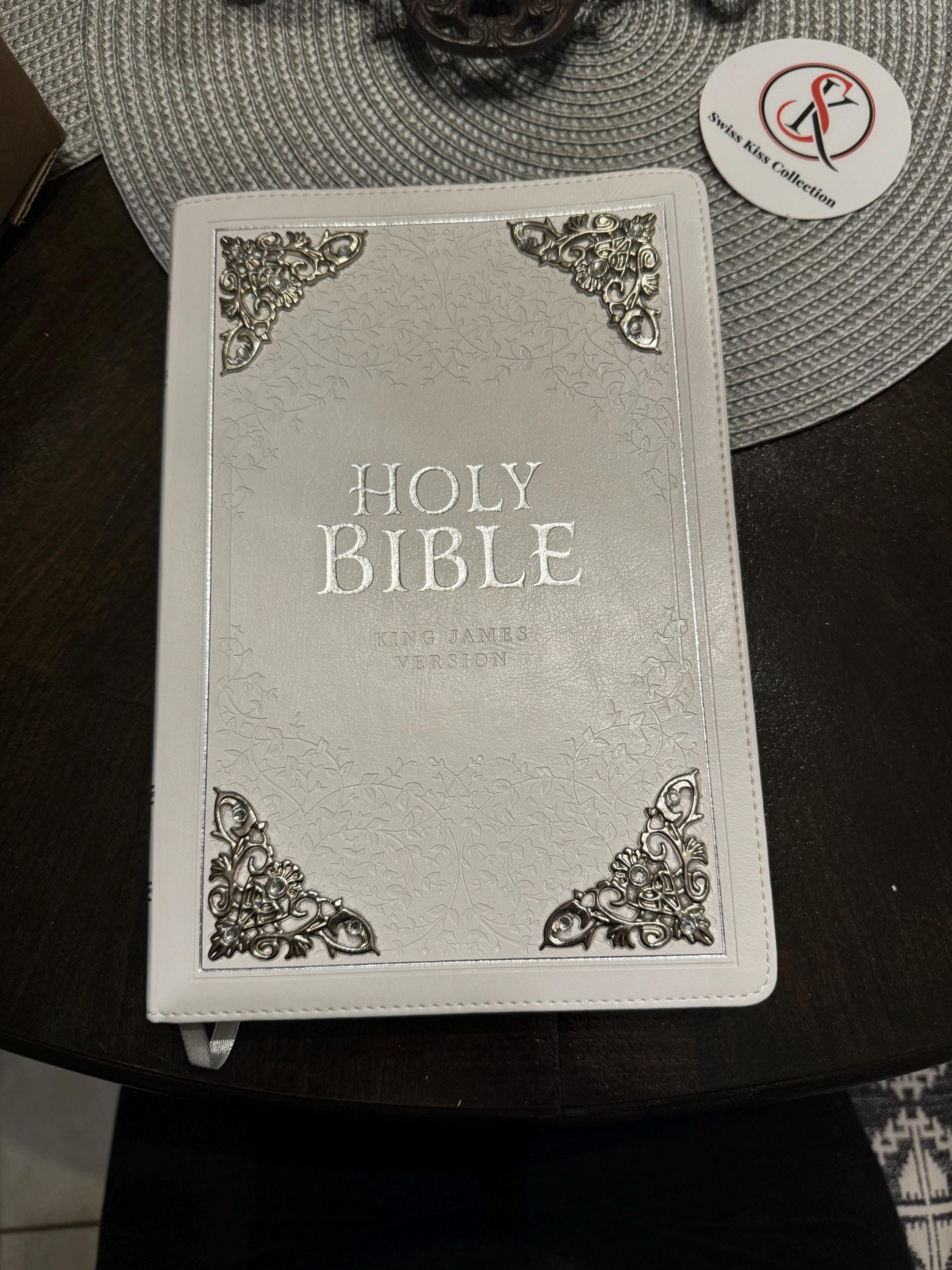 Gorgeous White KJV Holy Bible with Silver Corner Embellishments with Swarovski Crystals , Thinline Large Print Faux Leather