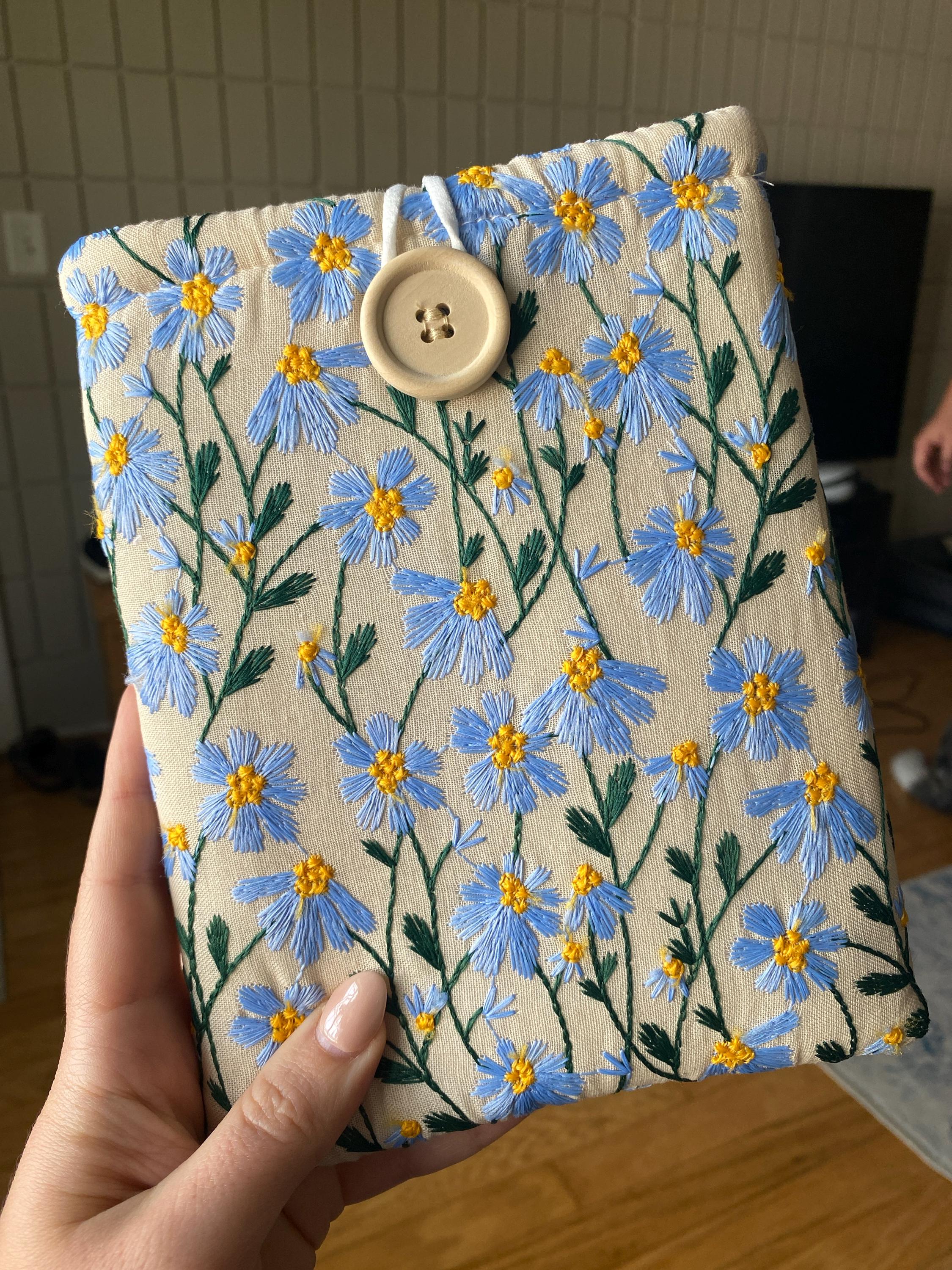 Blue Beige Daisy Embroidered book sleeve, kindle sleeve, ereader cover, iPad sleeve, Book Gift, book pouch, Bible cover