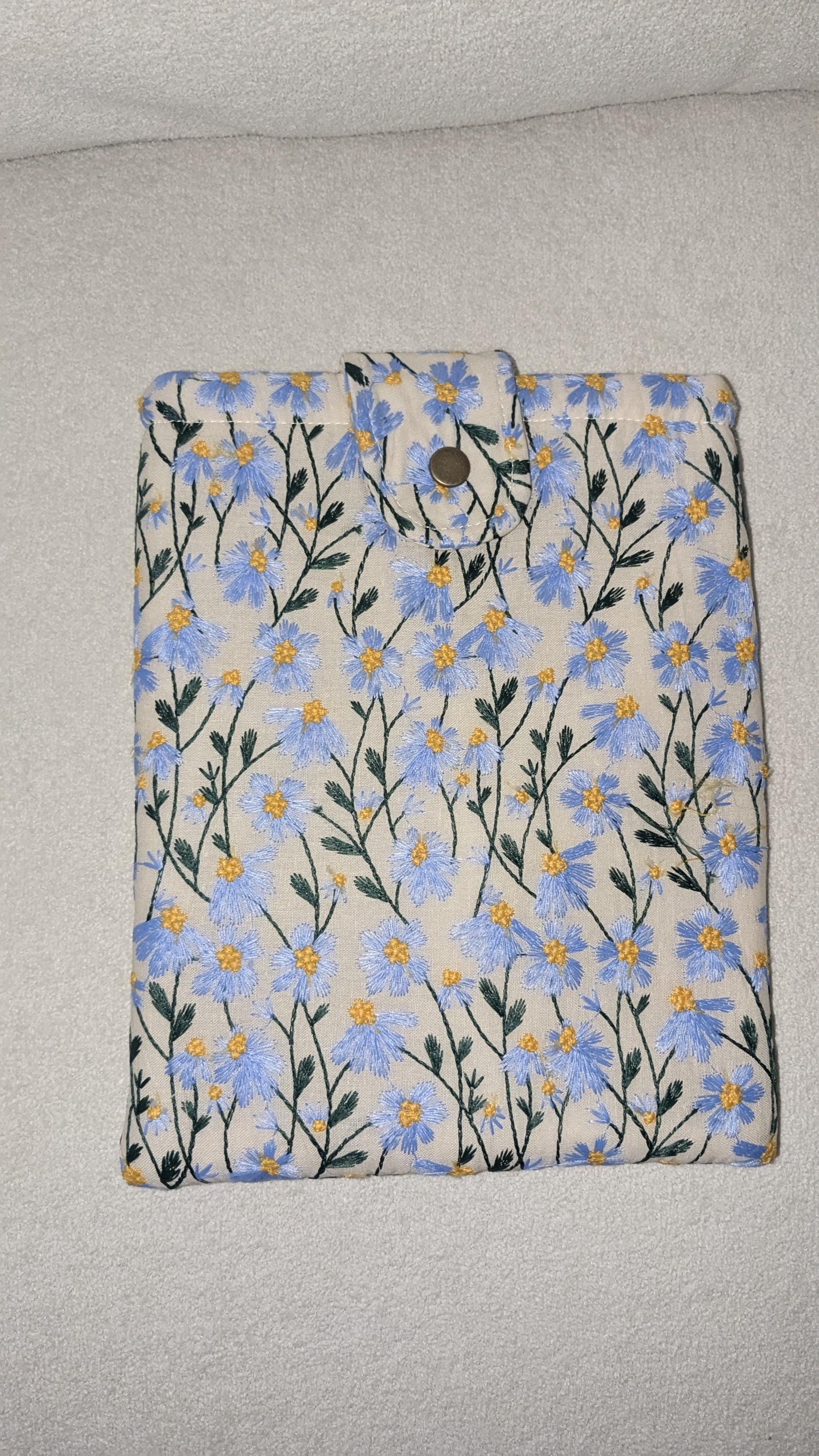 Blue Beige Daisy Embroidered book sleeve, kindle sleeve, ereader cover, iPad sleeve, Book Gift, book pouch, Bible cover