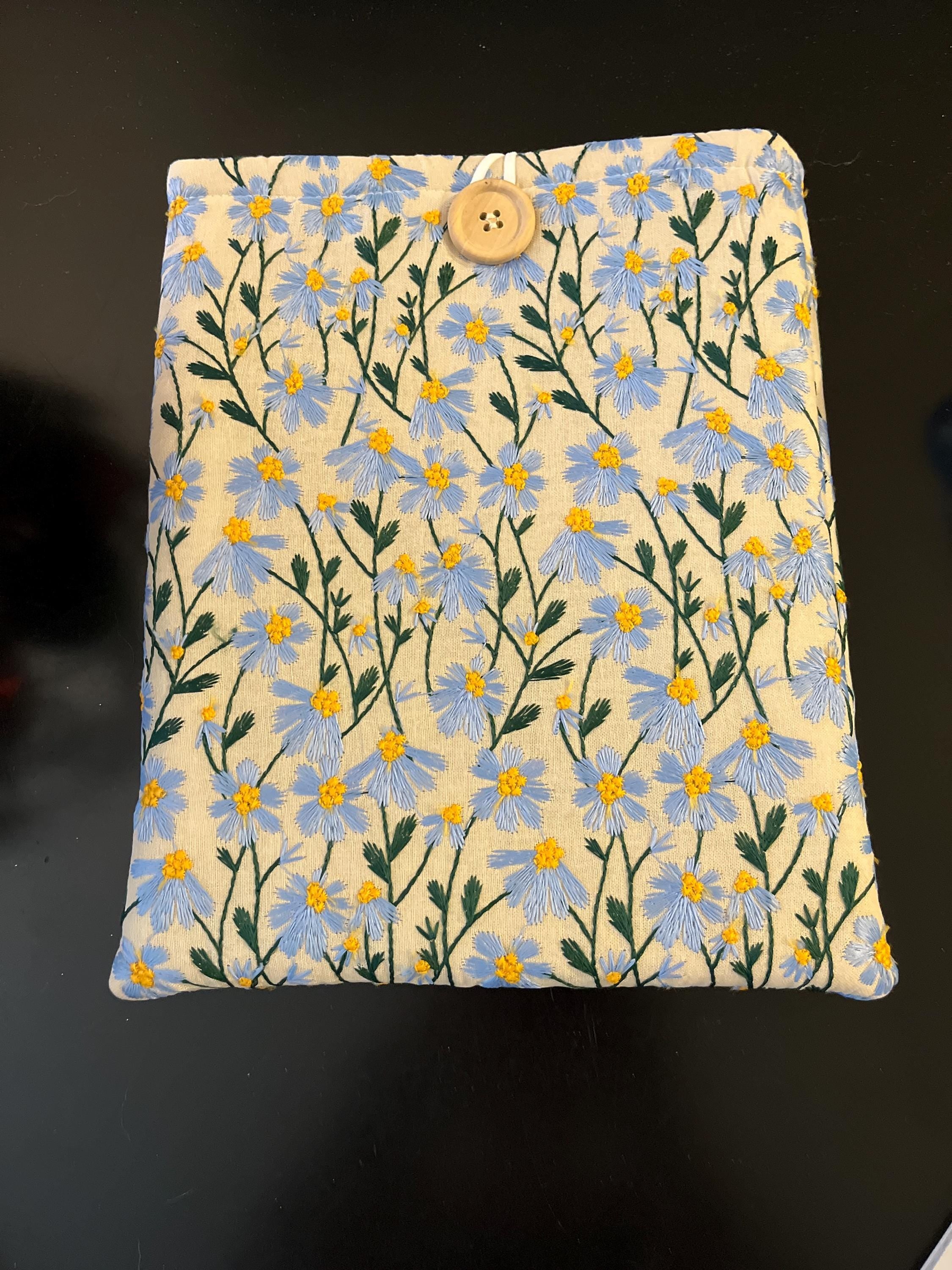 Blue Beige Daisy Embroidered book sleeve, kindle sleeve, ereader cover, iPad sleeve, Book Gift, book pouch, Bible cover