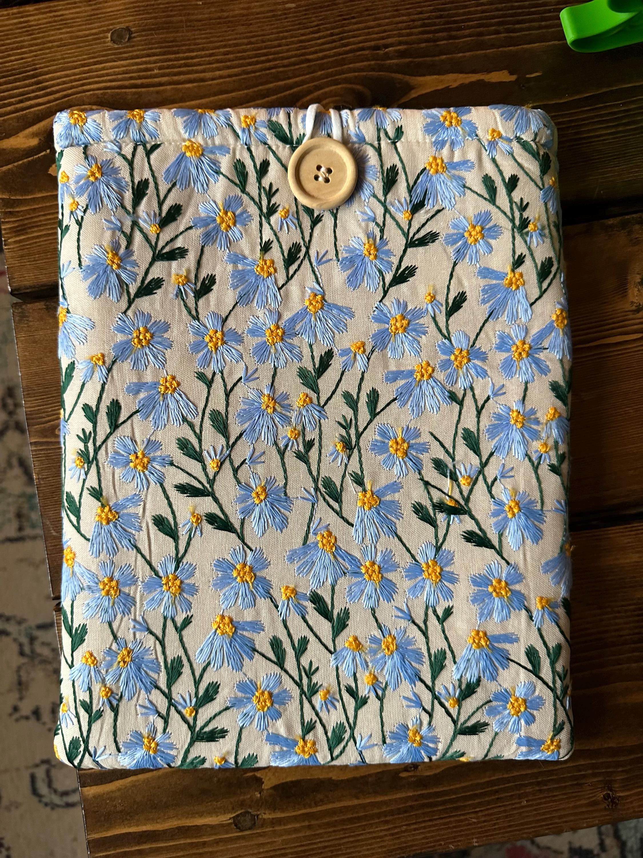Blue Beige Daisy Embroidered book sleeve, kindle sleeve, ereader cover, iPad sleeve, Book Gift, book pouch, Bible cover