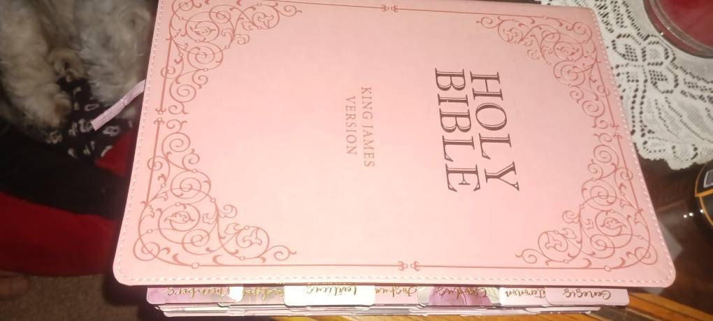 Beautiful KJV Pink LeatherSoft Giant Print Bible with Rose Tabs
