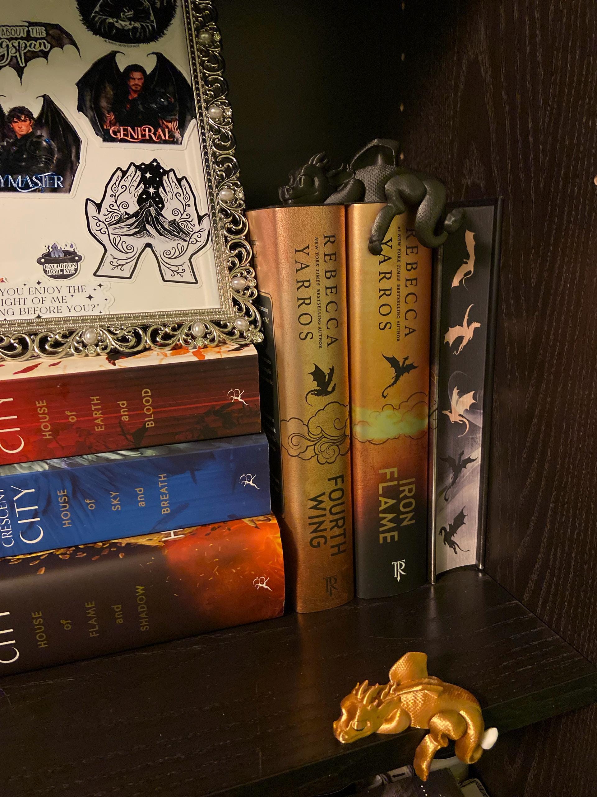 Sleeping Dragon Bookshelf Sitter | Dragon Bookshelf Decor | Multicolor Dragon Figurine | Fourth Wing Inspired | Black and Gold Dragons