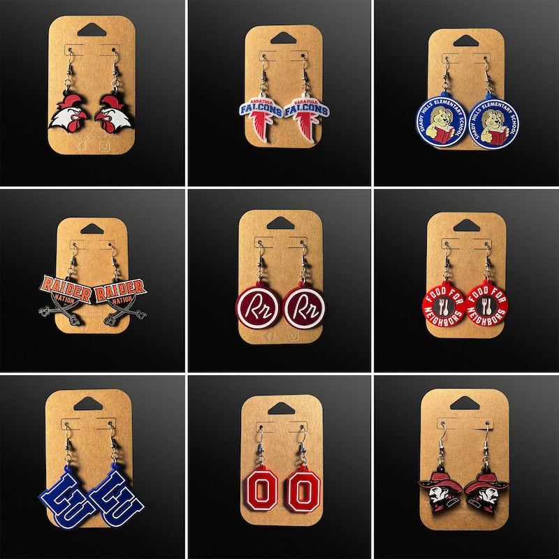 Custom School Mascot/Logo Laser Cut Painted Dangle Earrings | High School | College | Band | Cheer | Booster | Fundraiser