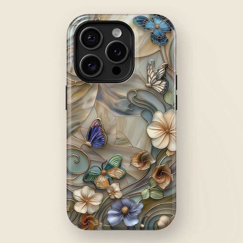 Floral Butterflies Stained Glass Design Phone Case with Magsafe for iPhone 15, 14, 13, 12, 11, XR, XS, Pro, Max, Mini, Flower Phone Case