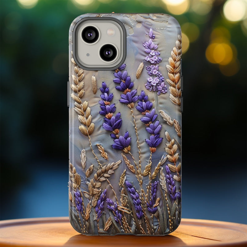 Lavender Flowers Phone Case, Purple Summer Floral Faux Embroidery Phone Cover, iPhone 15 14 13 Pro Max, Pixel 8 7, Samsung S24 S23 Ultra
