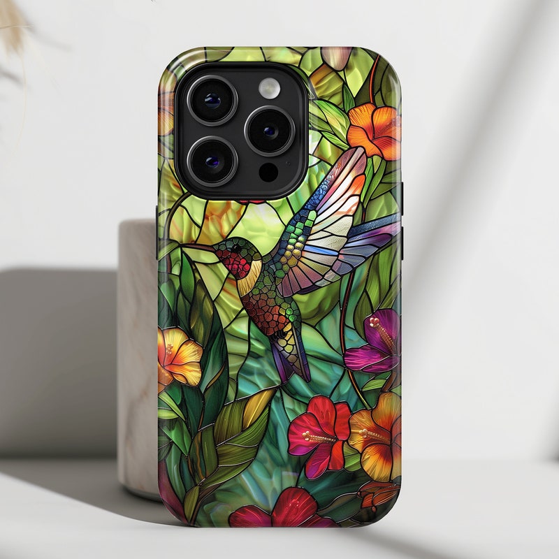 iPhone Case with Colourful Hummingbird Stained Glass Design • Magsafe Phone Case • For iPhone 15, 14, 13, 12, 11, XR, XS, Pro, Max, Mini