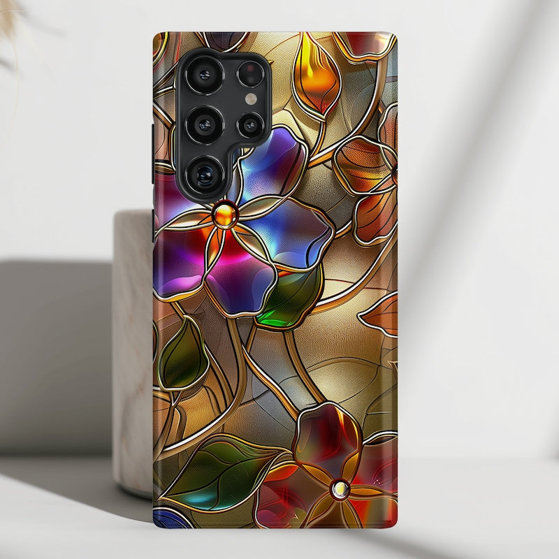 Samsung Phone Case with Gold Wild Flowers Stained Glass Design for Galaxy S24, S23, S22, S21, S20 Plus, Ultra