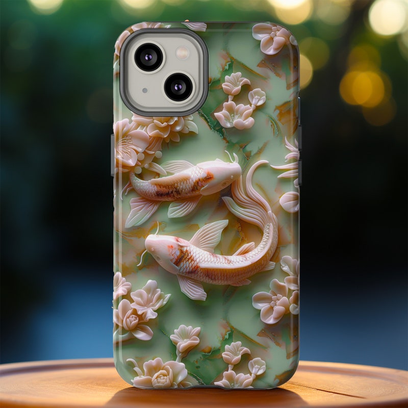 3d Asian Jade Carving Koi Phone Case | Pink Marble Fish Landscape | iPhone 15 14 Pro Max | Google Pixel 8 7 Pro | Samsung Galaxy S24 S22 Ultra