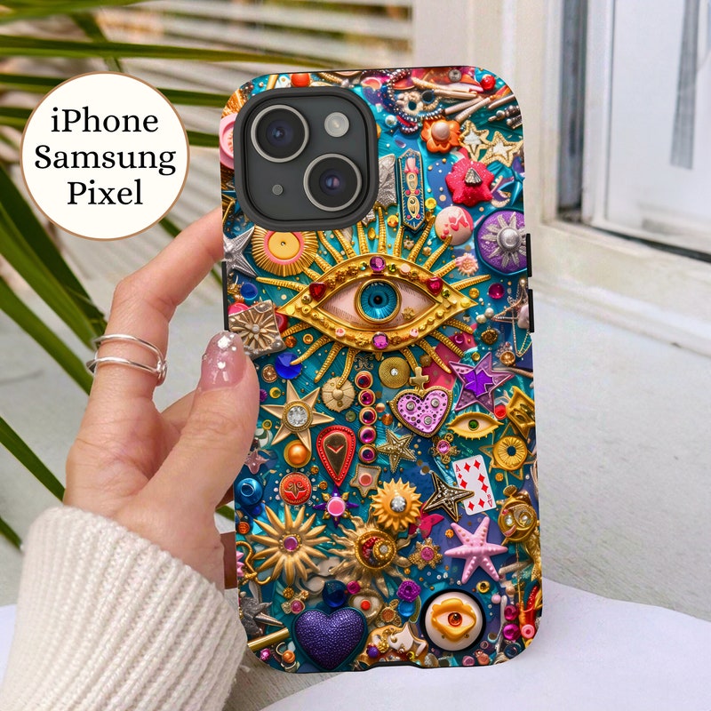 Vintage Mosaic Evil Eye Charm Phone Case, Abstract Trinket Collage Phone Cover for iPhone 15 14 13 12 11, Samsung Galaxy S24 S23 S22 Ultra