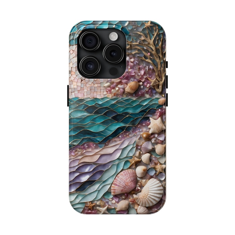 Seashells mosaic Stained Glass Effect Phone Case, pink gold teal beach printed case for iPhone and Samsung, phone gifts for her