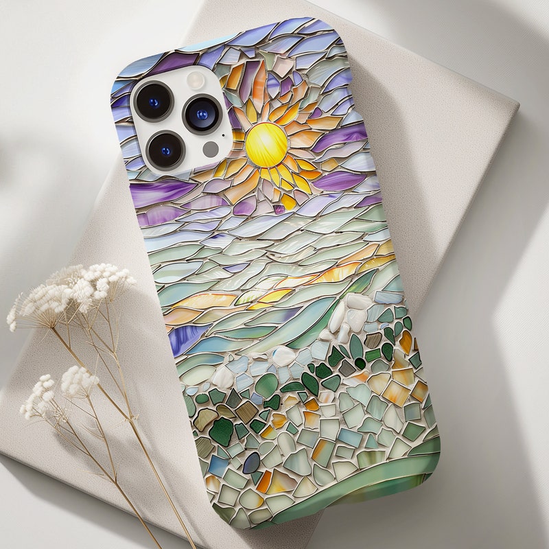 3D Stained Glass style Sun and Ocean Phone Case, Glass Mosaic Boho for iPhone 13, 14, 15, Pixel 8 Pro, Samsung S24