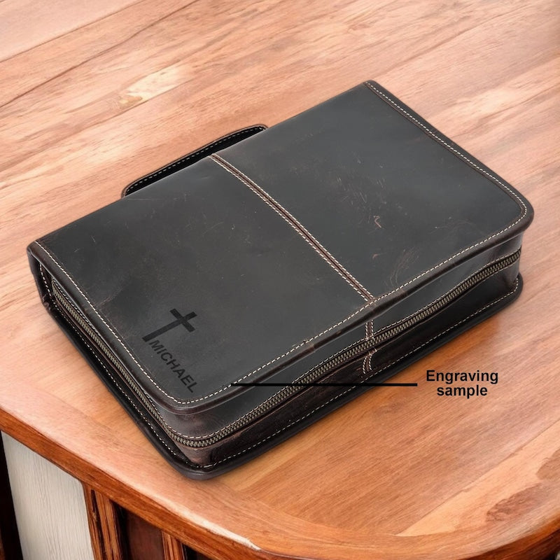 Personalized Leather Bible Cover, Religious Gifts, Engraved Bible Cover Zipper, Bible Cover with Handle, Bible Case, Monogrammed Bible Cover