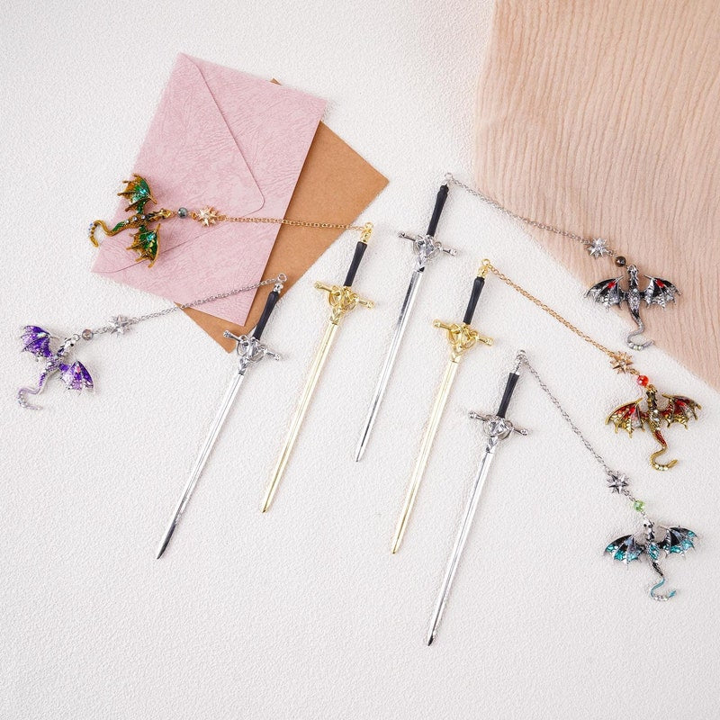 Sword Dragon Bookmark Birthday Gifts for Book Lover Reader Fantasy Bookworm Silver Gold Metal Charm Anniversary Gift Bookish Accessories