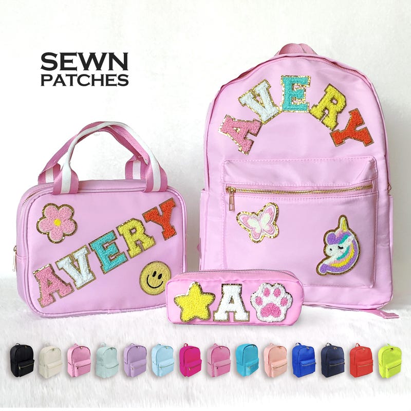 Sewn Patches Backpack Personalized Nylon Backpack with Patch Chenille Letter Custom School Bag Kids Back to School Lunch Box Bag Lunch Bag