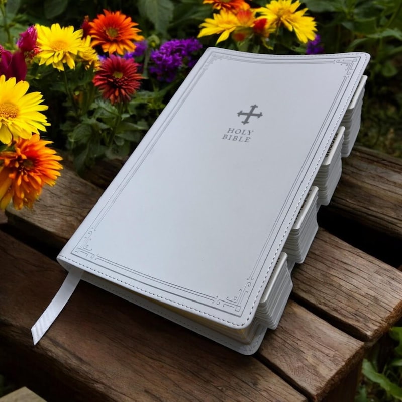 Custom White NRSV Tabbed BIBLE with Tabs Catholic Gift for Her Mom Women Men Christian Baptism Communion Confirmation Wedding Birthday Son