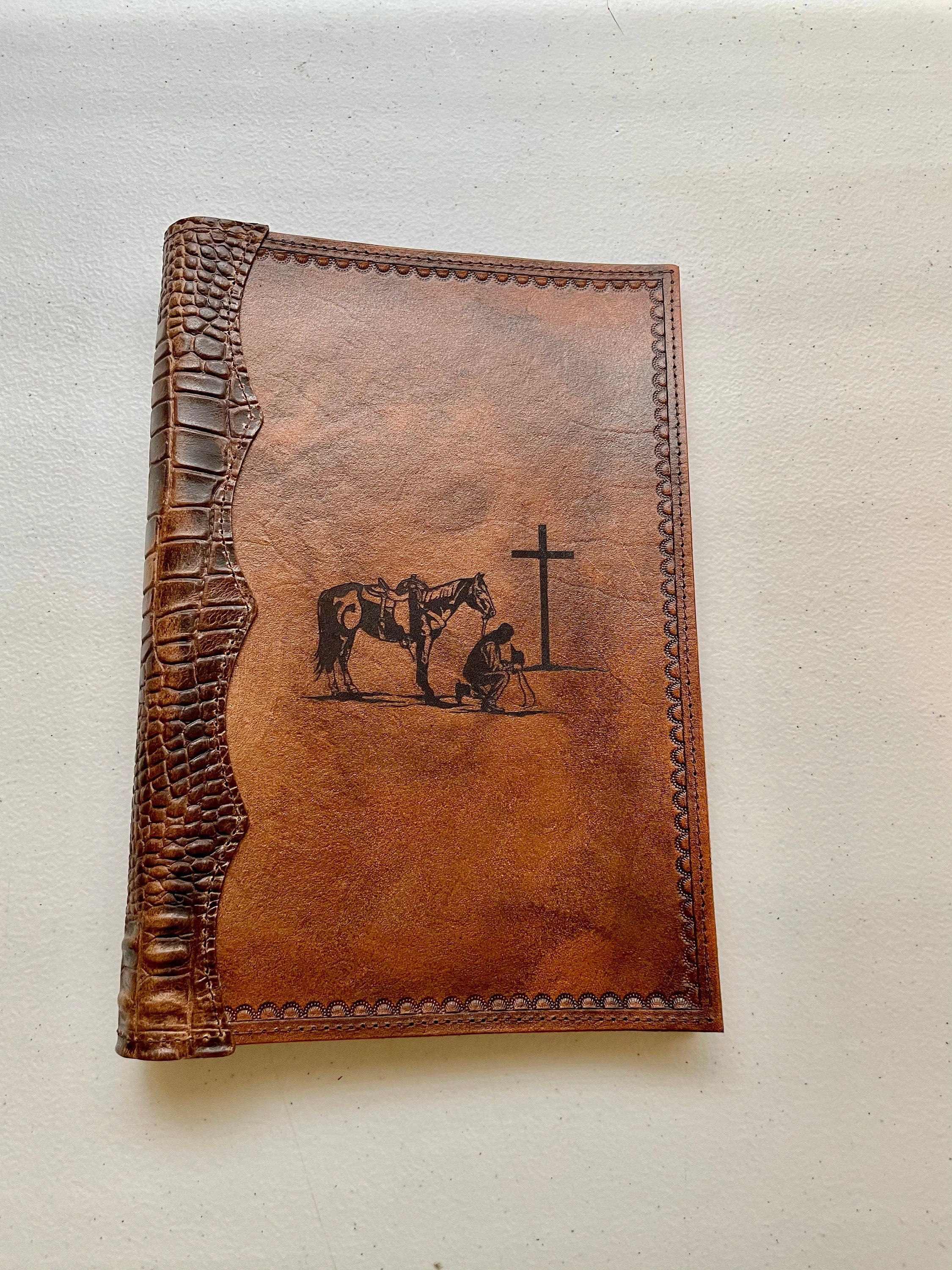 Handcrafted Laser Engraved Praying Cowboy All Leather Bible Cover With Alligator Embossed Bind