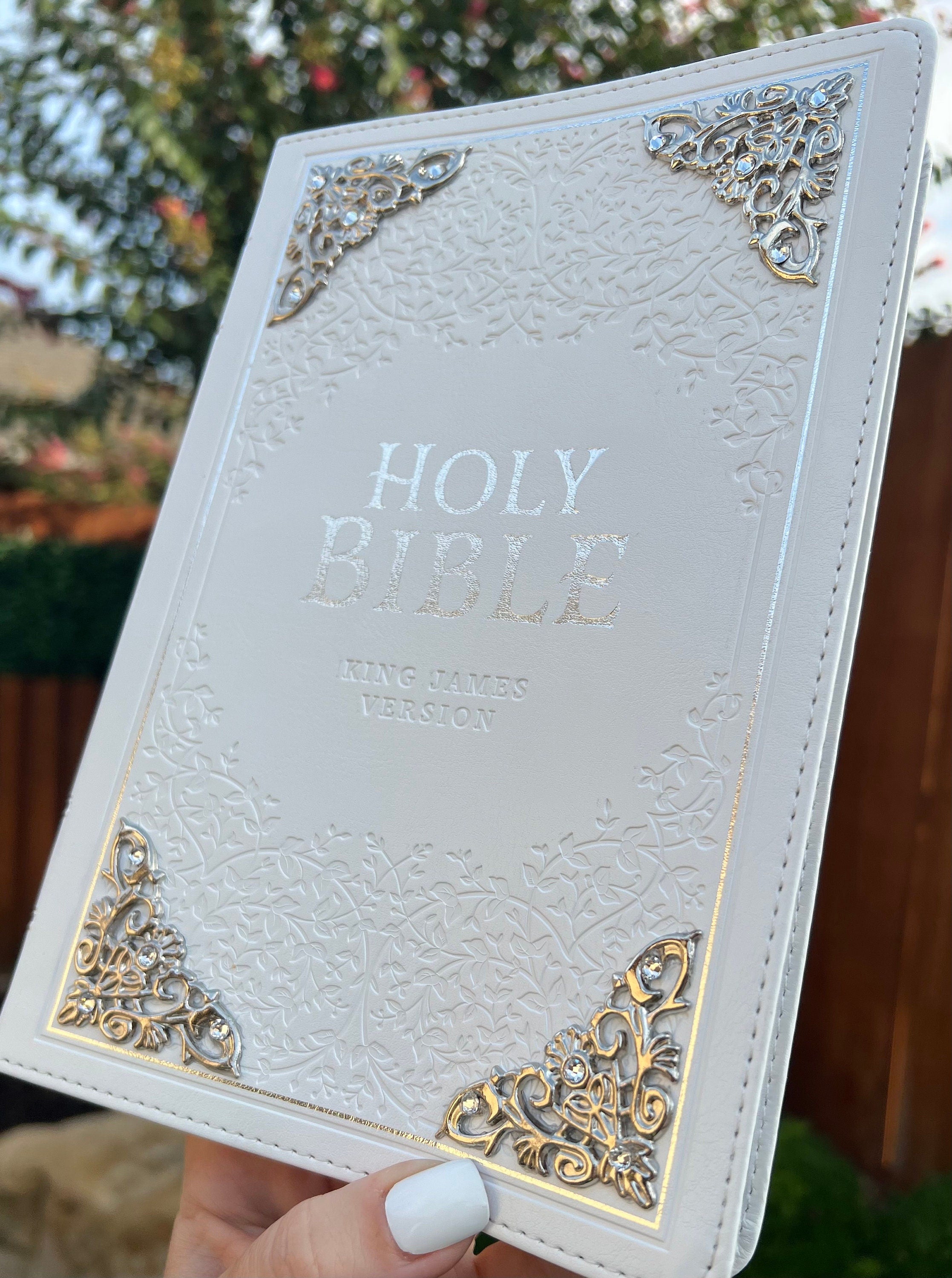 Gorgeous White KJV Holy Bible with Silver Corner Embellishments with Swarovski Crystals , Thinline Large Print Faux Leather