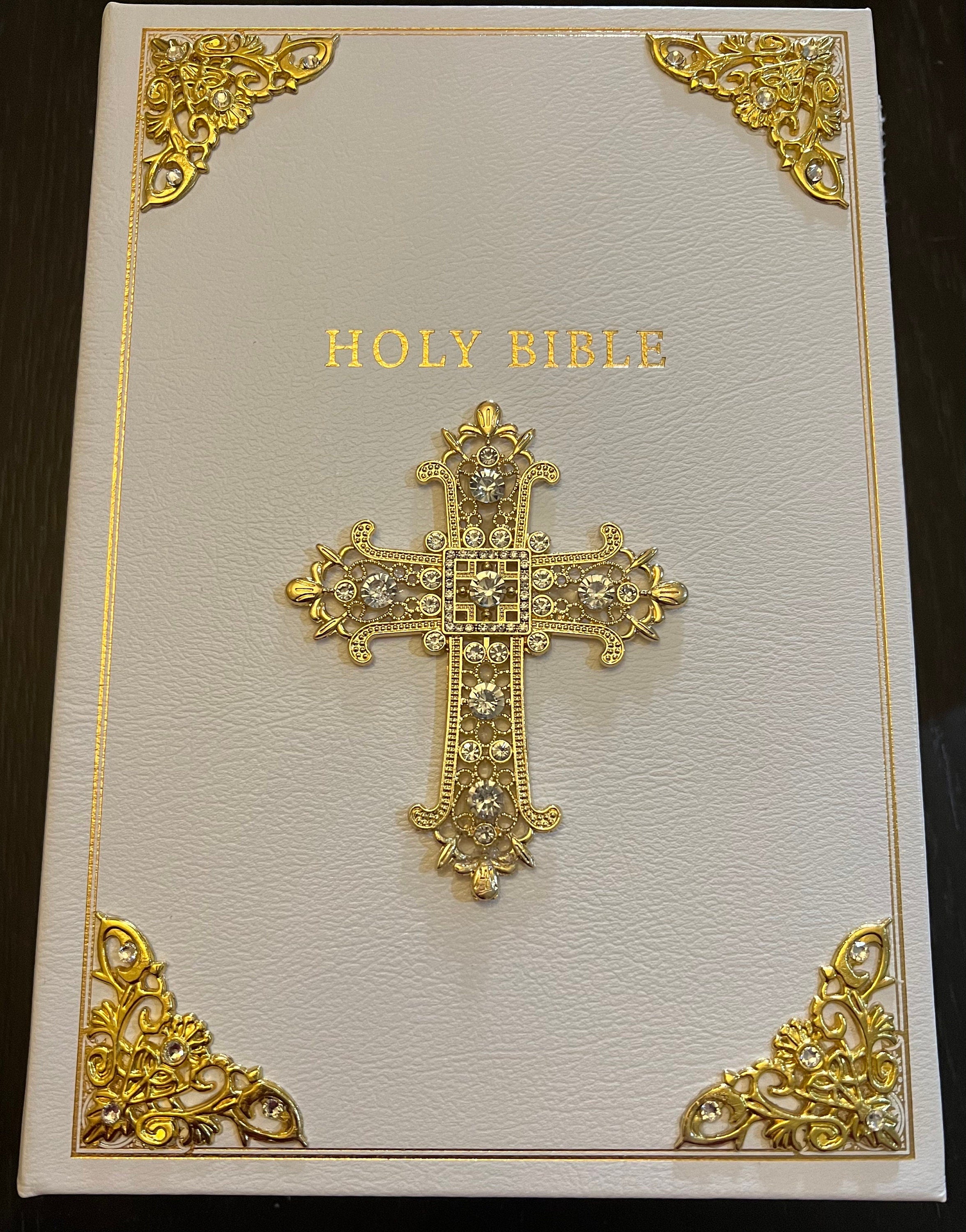CSB Coffee Table Family Bible, White Bonded Leather Over Board with Corner Embellishments with Swarovski Crystals and Gold Cross