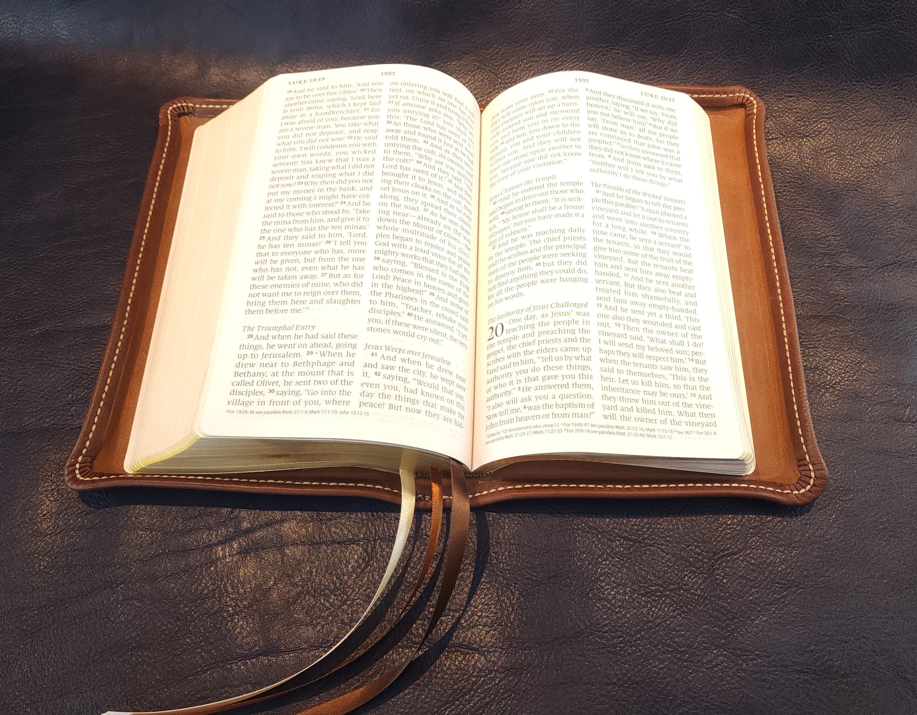 Brown Nappa sheepskin leather ESV Personal Size Extra Large Print Bible with light tan perimeter stitching and three ribbons