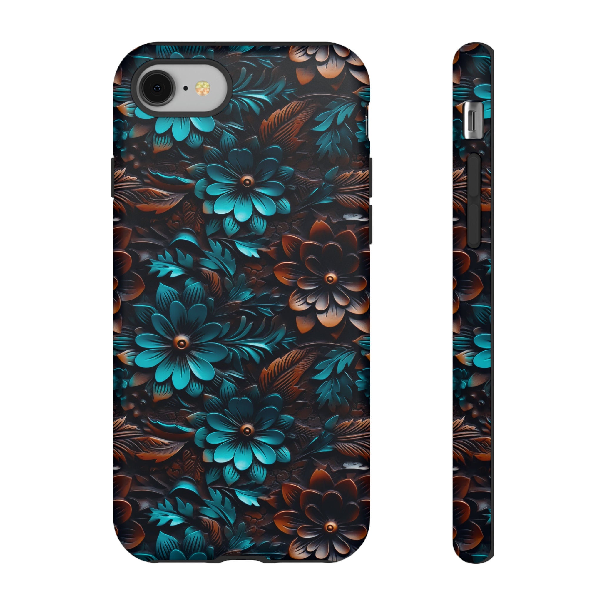 Western Boho Phone Case | Faux Tooled Leather Turquoise Floral Phone Case | Country Leather Phone Cover For iPhone | Samsung | Pixel