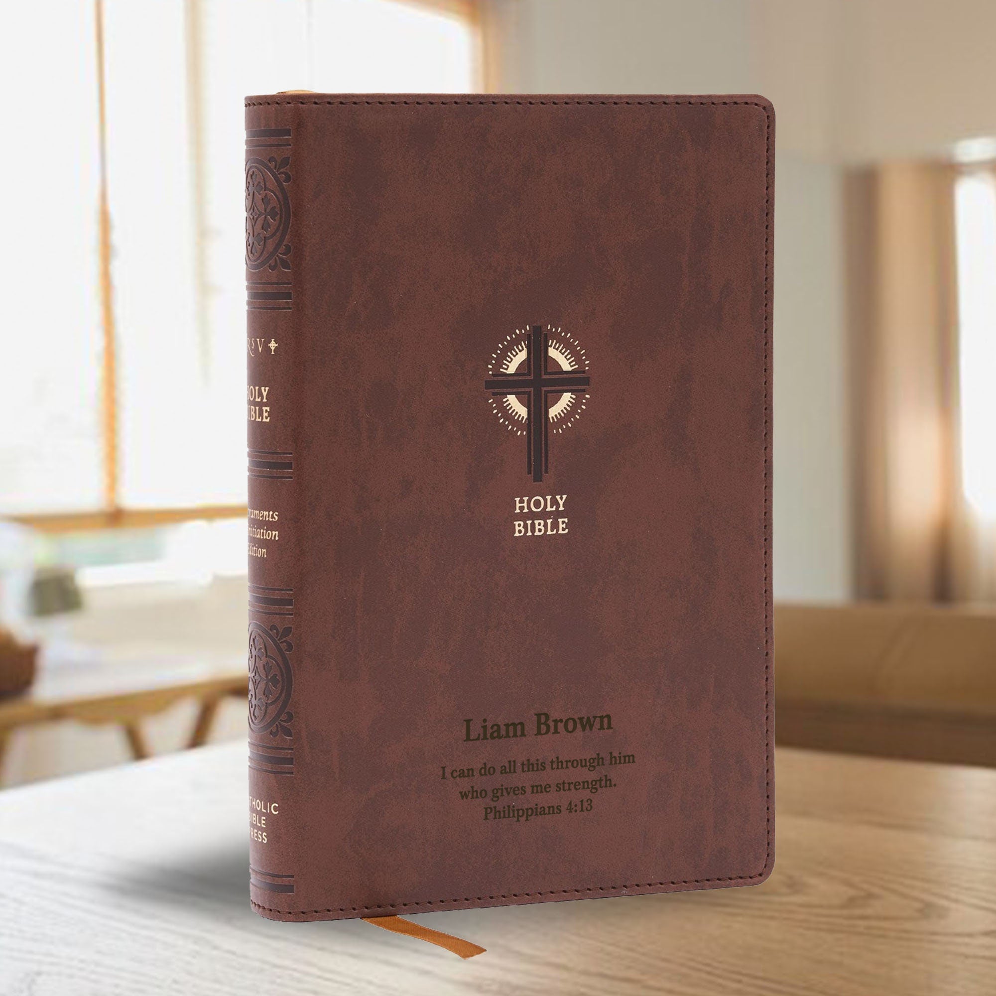 Personalized NRSV Bible New Revised Standard Version Catholic Edition, Catholic Bible, Brown Faux Leather Custom Bible Cover, Baptism Gift