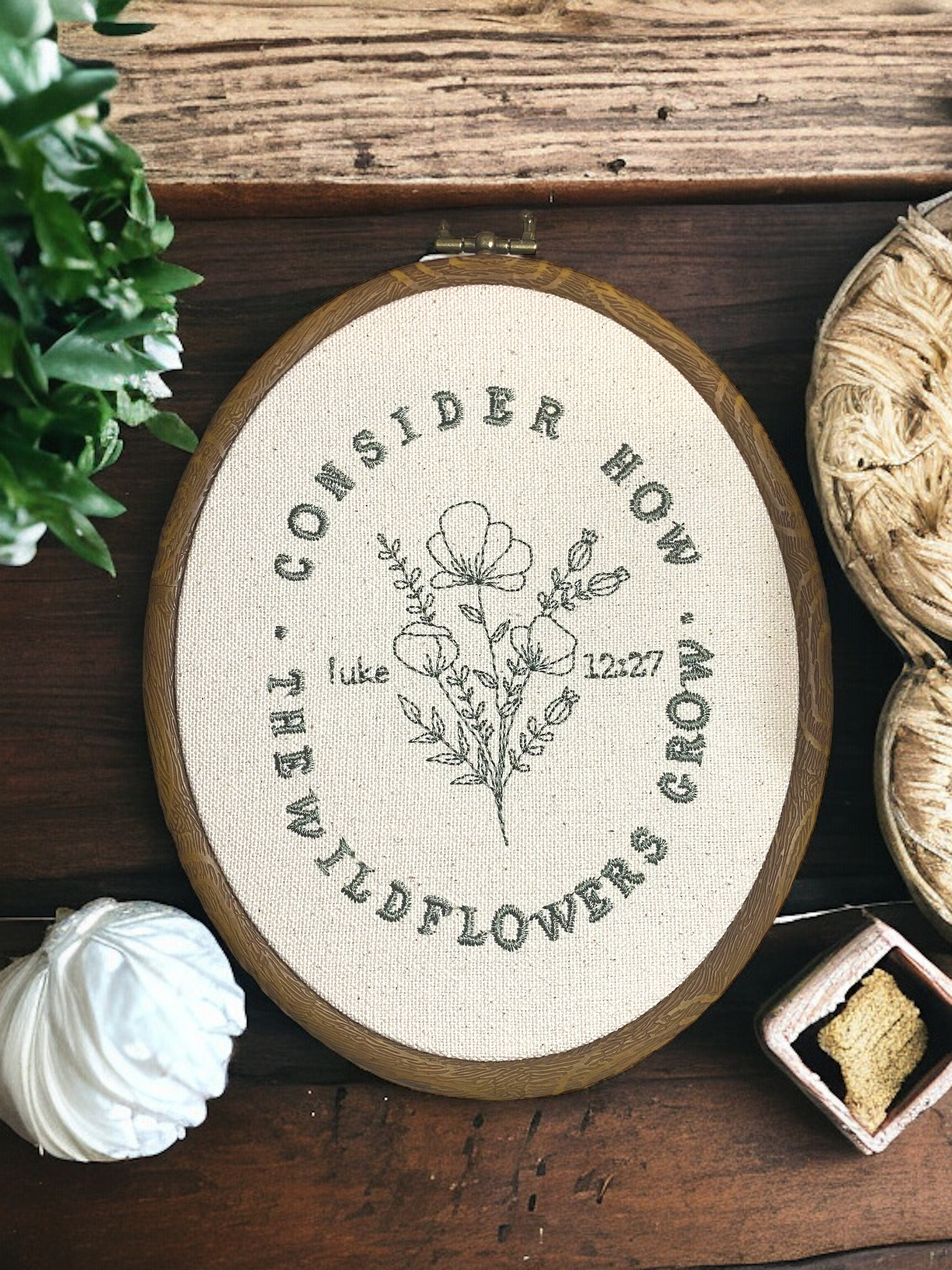 Consider the Wildflowers Luke 12:27 Floral Finished Embroidery Hoop Wall Decor, Scripture Home Decor, Bible Verses, Embroidery Nursery Decor