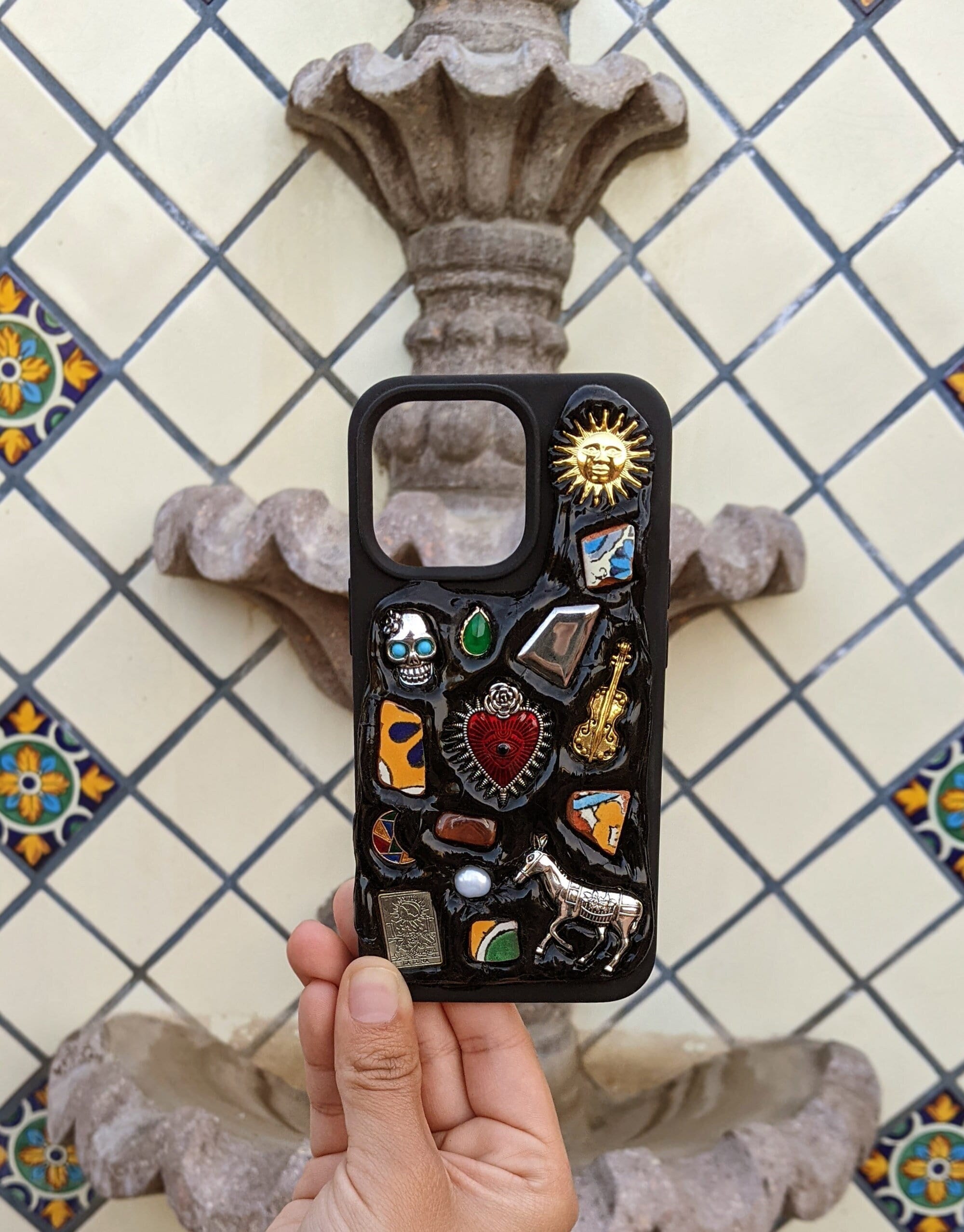 iPhone Phone Case Handmade Decoden Mexican Talavera Mosaic Vintage Jewelry Trinket Milagritos Stone Beige White Black Cover