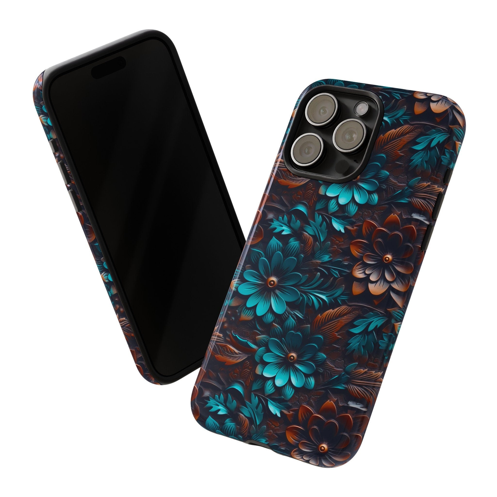 Western Boho Phone Case | Faux Tooled Leather Turquoise Floral Phone Case | Country Leather Phone Cover For iPhone | Samsung | Pixel