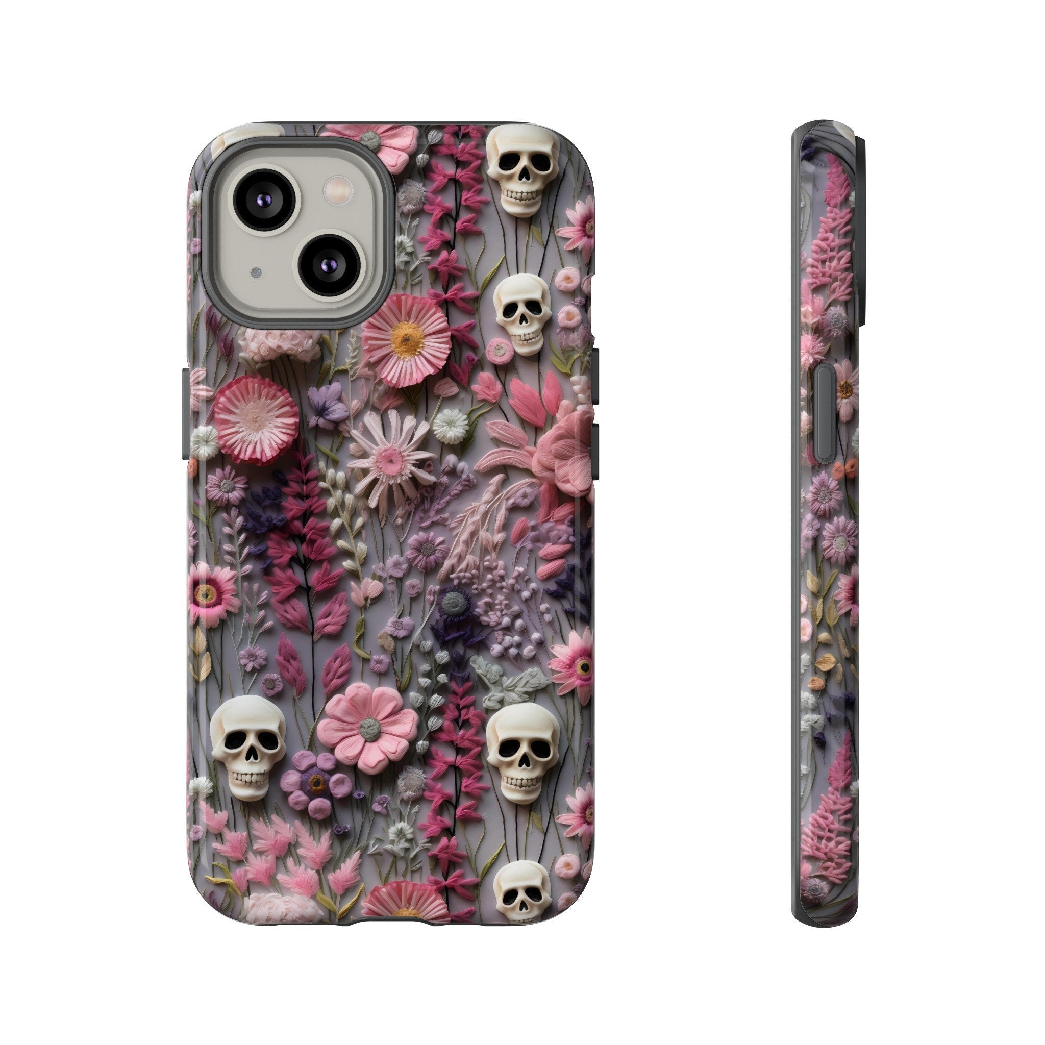 Embroidered Look Floral Skulls Phone Case | Faux Embroidery Dark Academia Skeleton Phone Cover For iPhone | Google Pixel | Samsung Galaxy