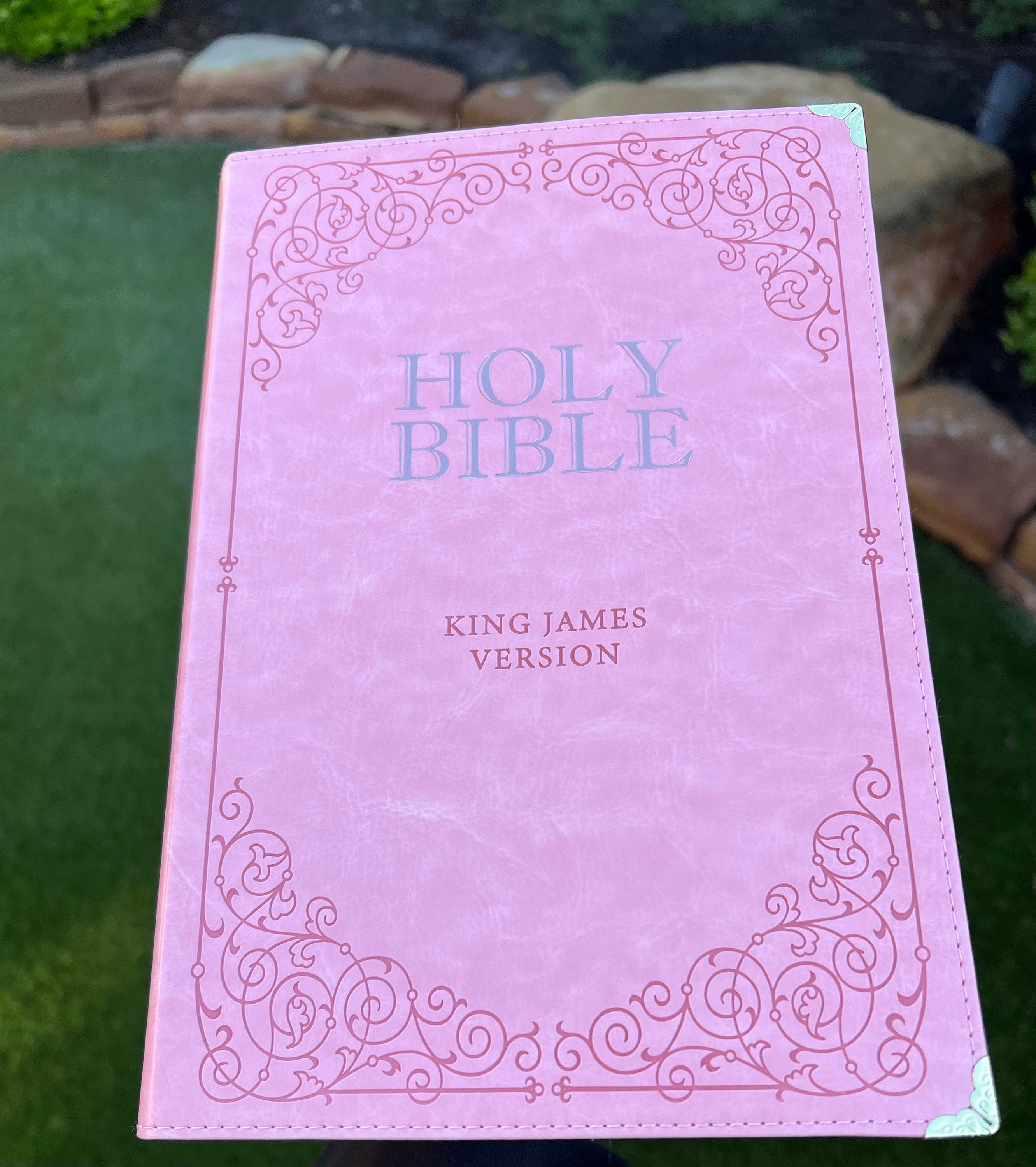 Beautifully Simple KJV Pink Leather Soft Giant Print Bible with Decorative/ Protective Gold Corners and Custom Name Option