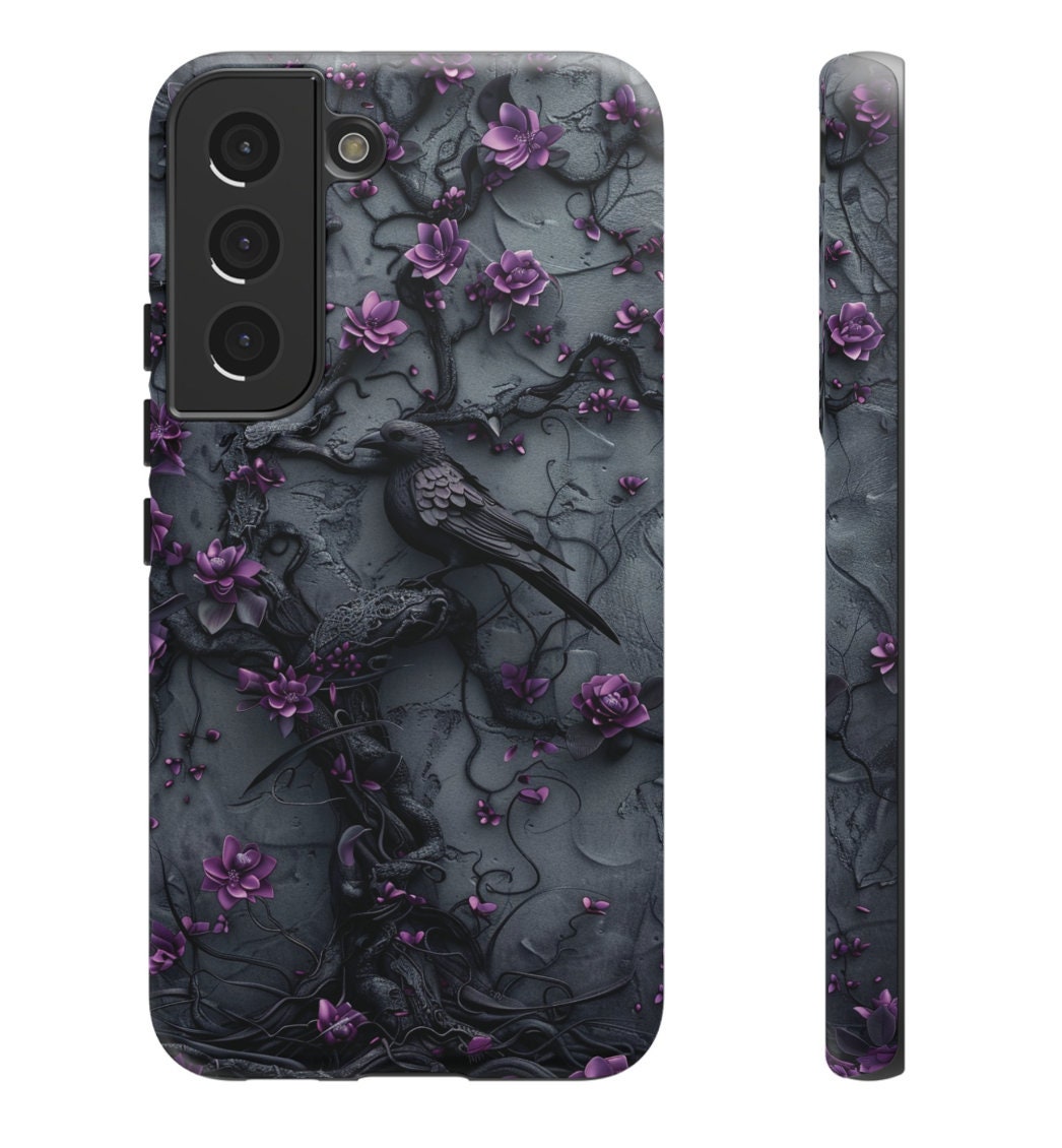 Goth Gothic Dark Spooky Raven Crow Phone Case Witchy Purple Tree Flower iPhone 15 14 13 12 11 8 Pro Max X XS XR Pixel Samsung S23 S24+ Gift