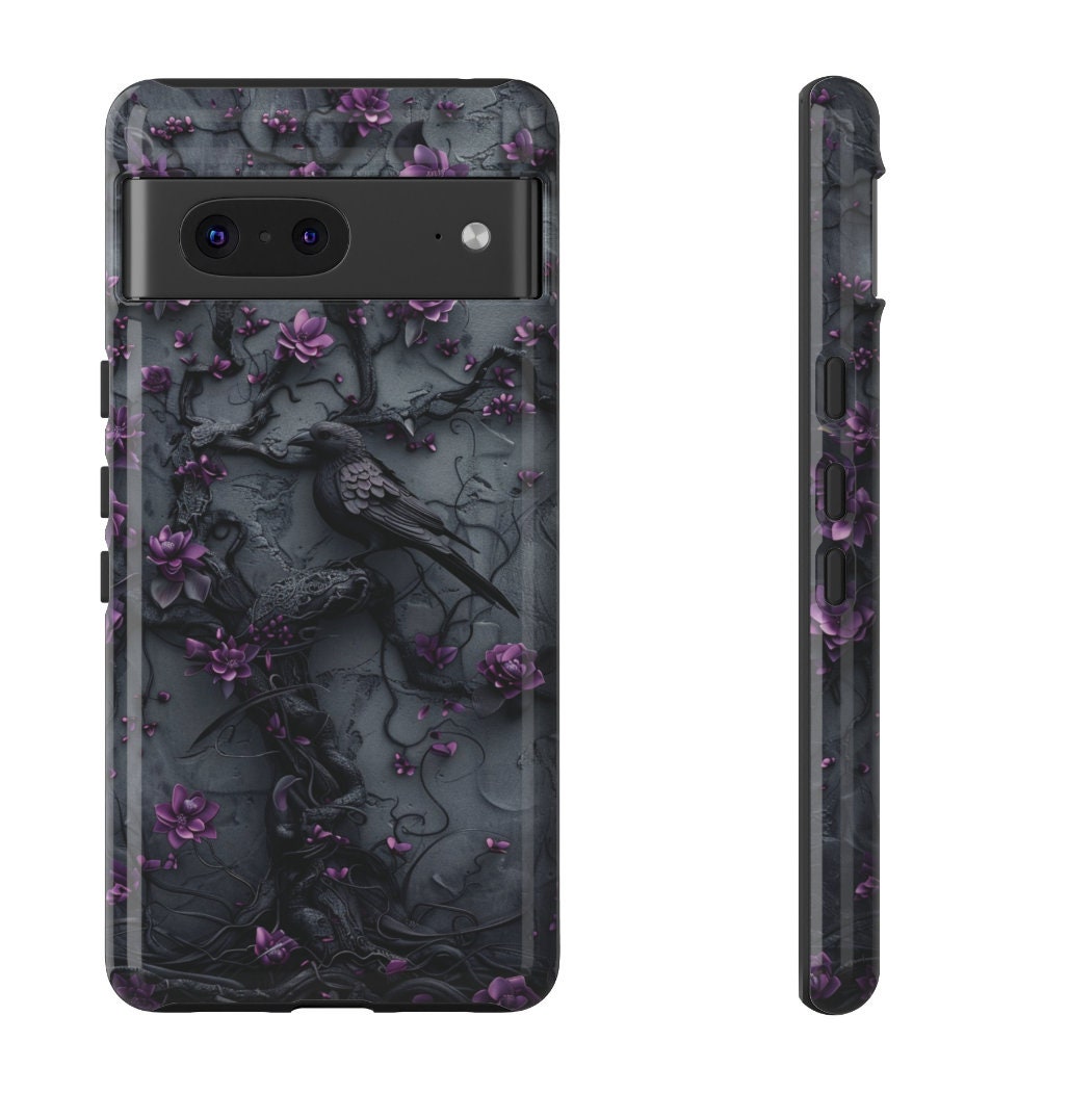 Goth Gothic Dark Spooky Raven Crow Phone Case Witchy Purple Tree Flower iPhone 15 14 13 12 11 8 Pro Max X XS XR Pixel Samsung S23 S24+ Gift