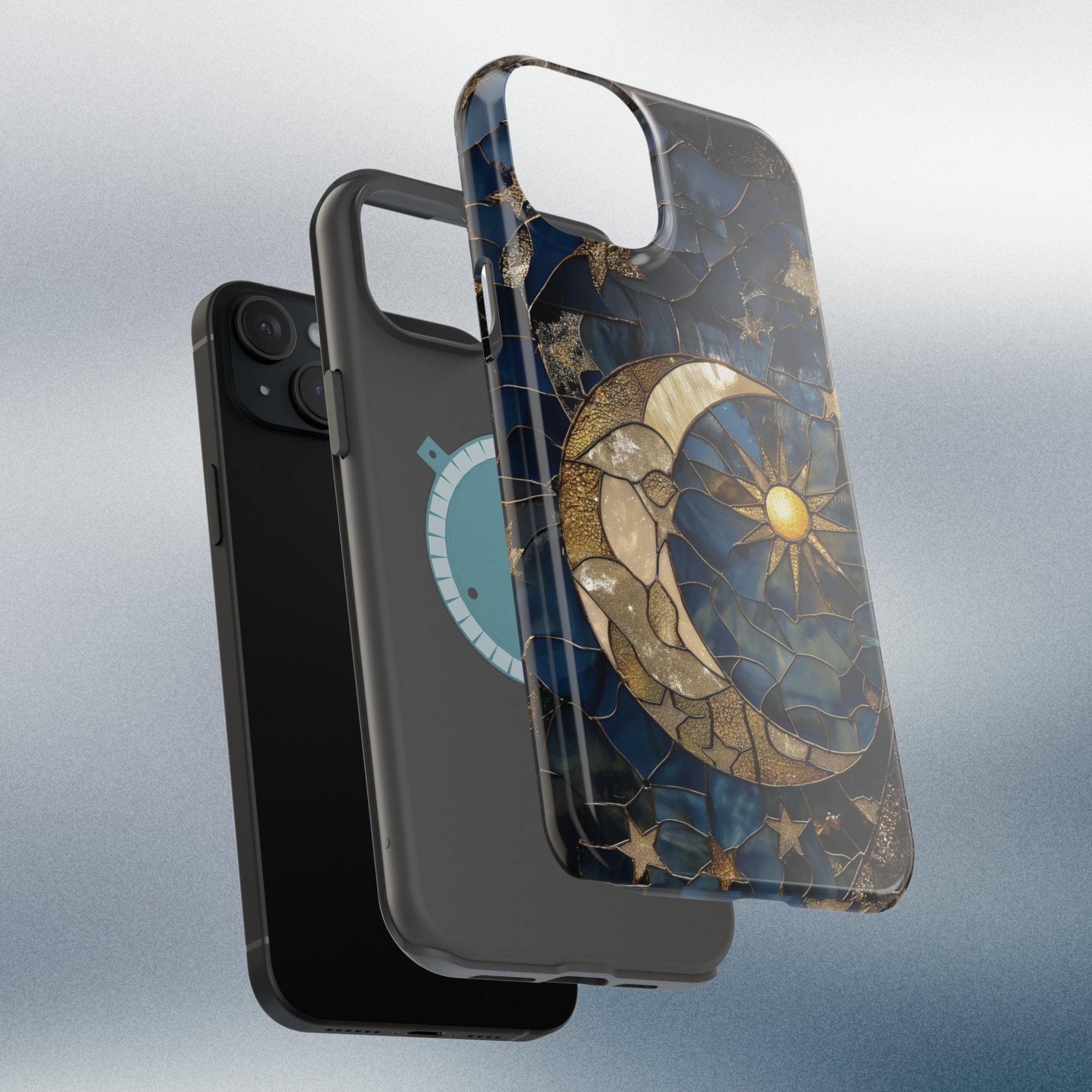 Moon and Stars Phone Case, Celestial Phone Cover Magsafe Compatible Starry Night Sky Space Lover Gift for iPhone 15 14 13 Faux Stained Glass