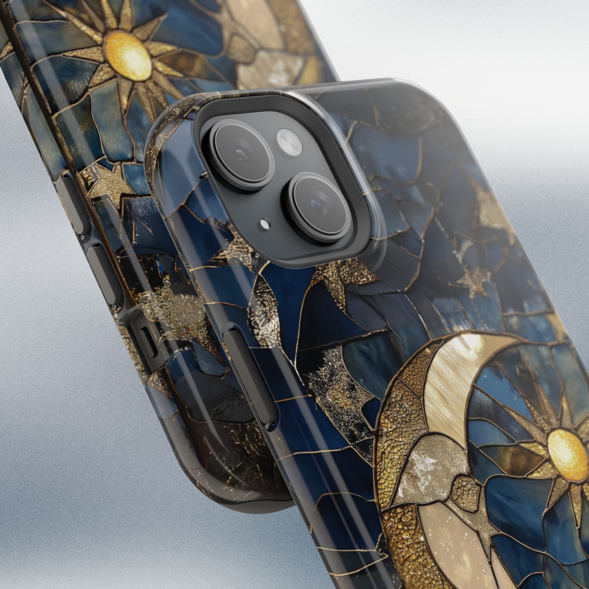 Moon and Stars Phone Case, Celestial Phone Cover Magsafe Compatible Starry Night Sky Space Lover Gift for iPhone 15 14 13 Faux Stained Glass