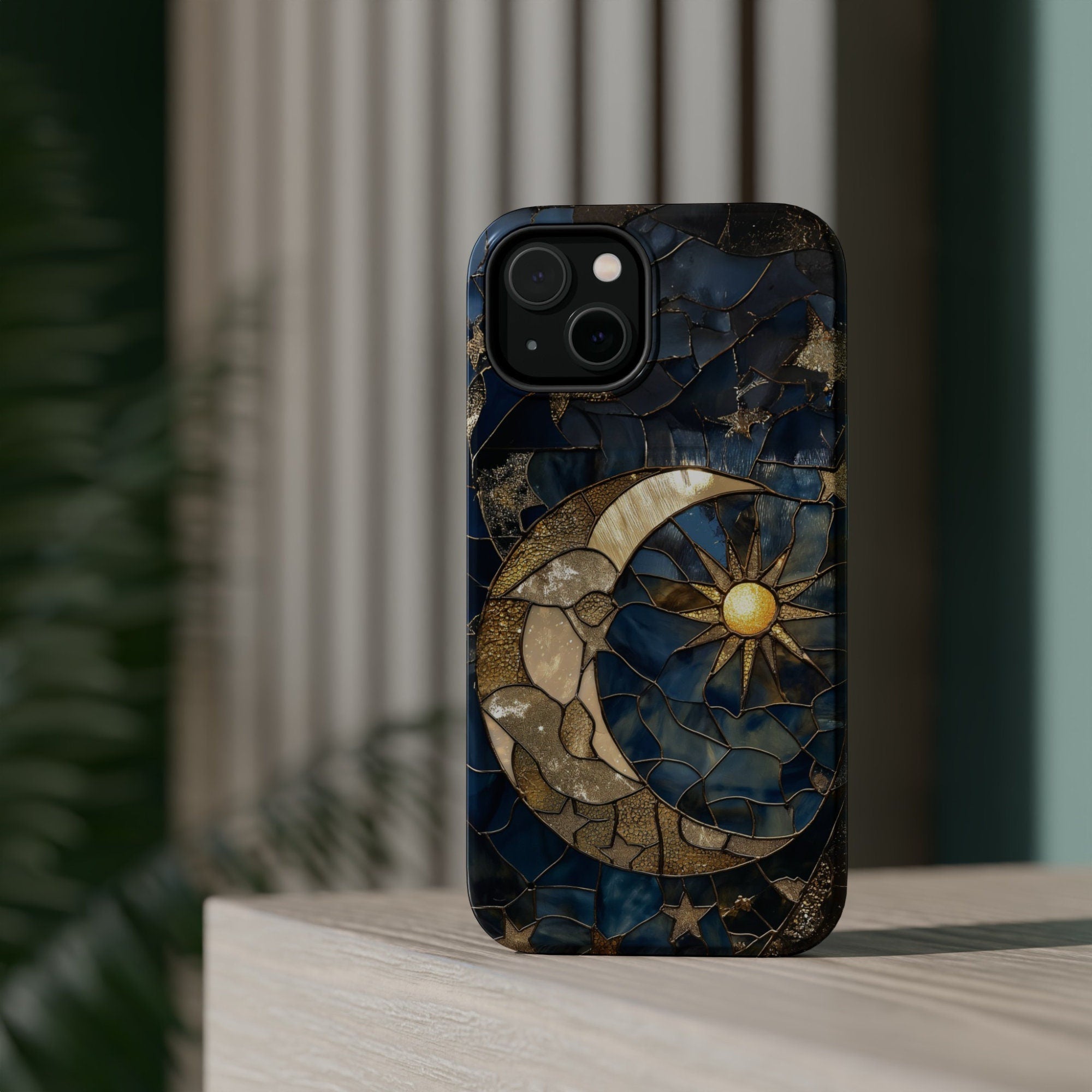 Moon and Stars Phone Case, Celestial Phone Cover Magsafe Compatible Starry Night Sky Space Lover Gift for iPhone 15 14 13 Faux Stained Glass