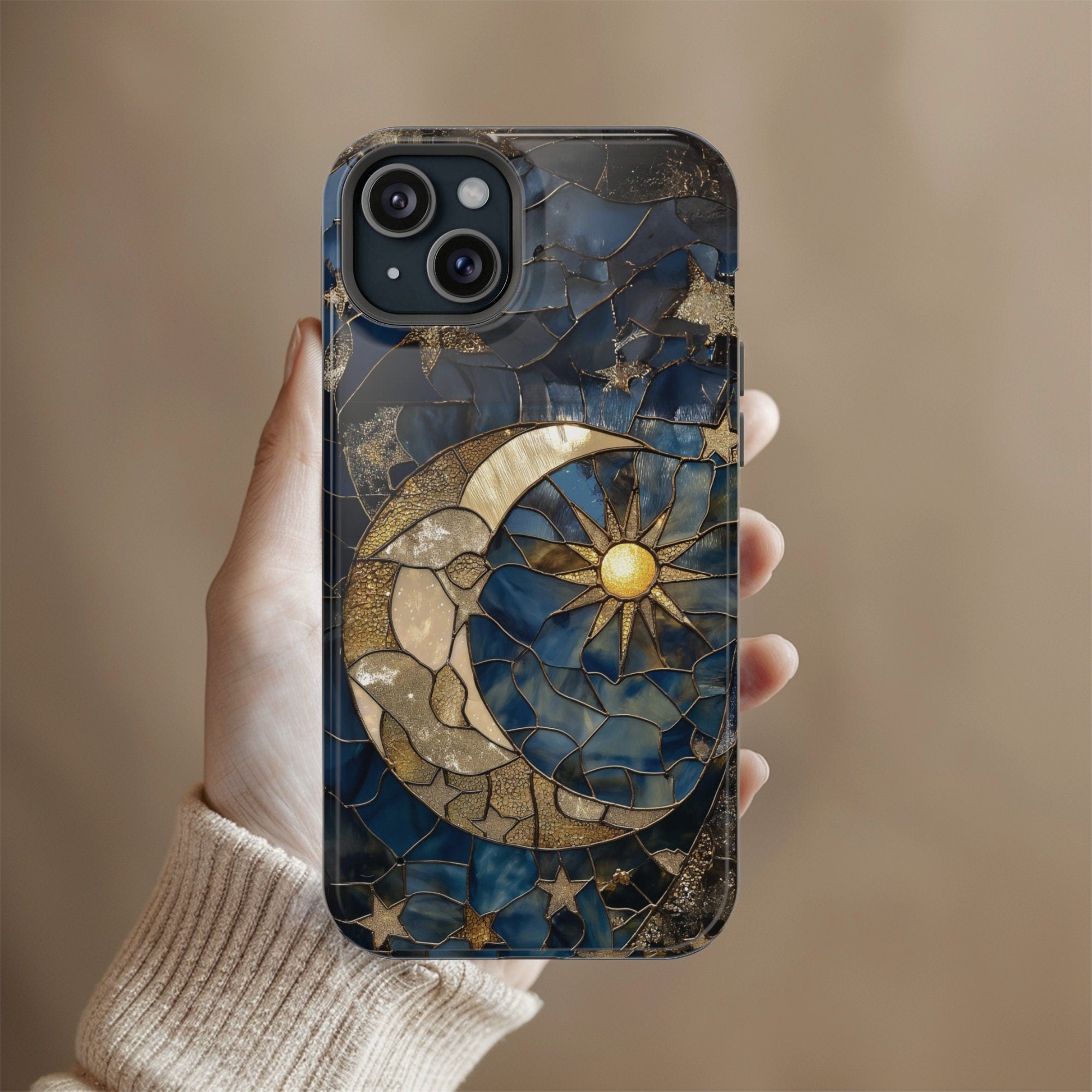 Moon and Stars Phone Case, Celestial Phone Cover Magsafe Compatible Starry Night Sky Space Lover Gift for iPhone 15 14 13 Faux Stained Glass