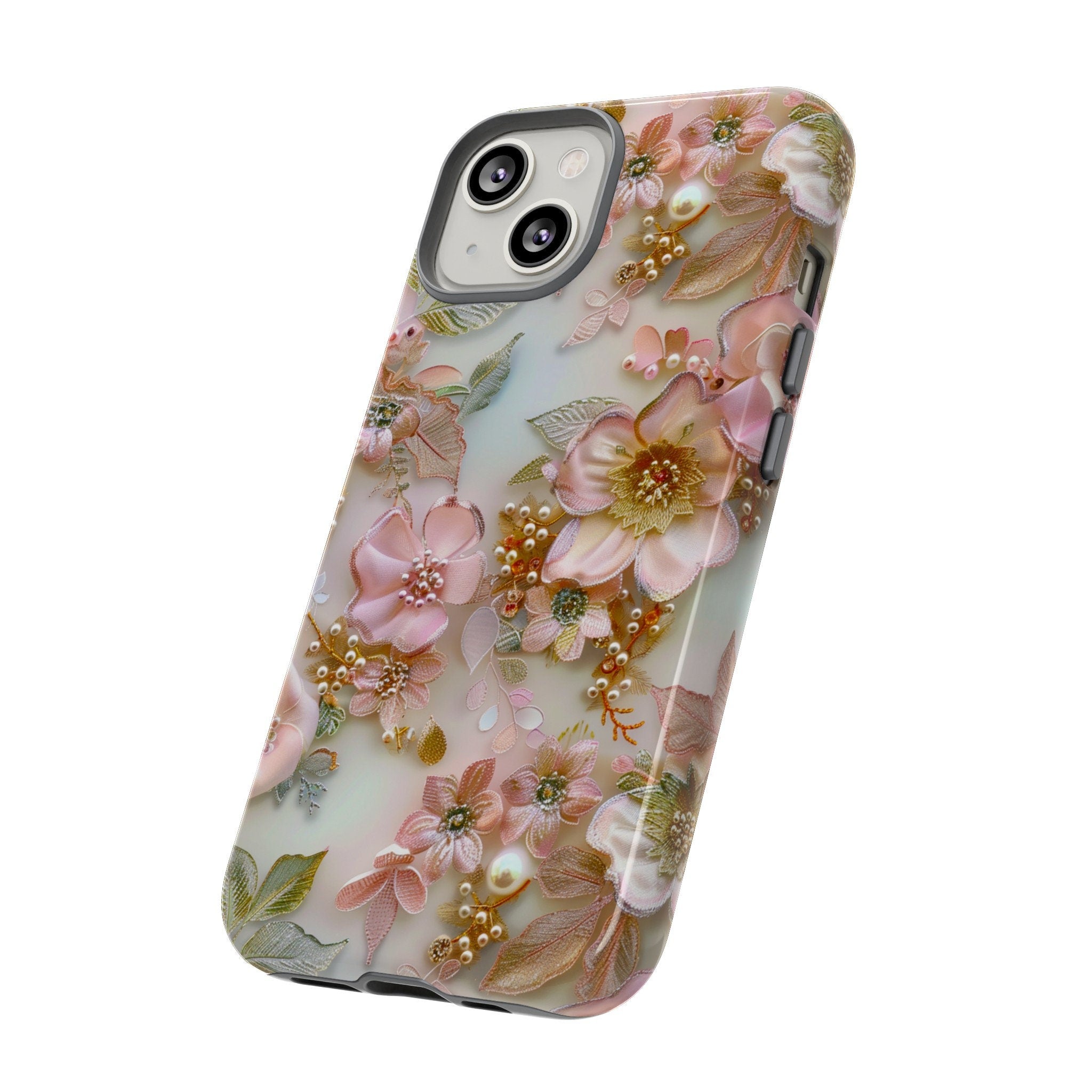 Pink Coquette Floral Lace Collage Phone Case, Faux Embroidered Flowers Pearls Phone Case, iPhone 15 Pro Max, Pixel 8 Pro, Samsung S24 Ultra