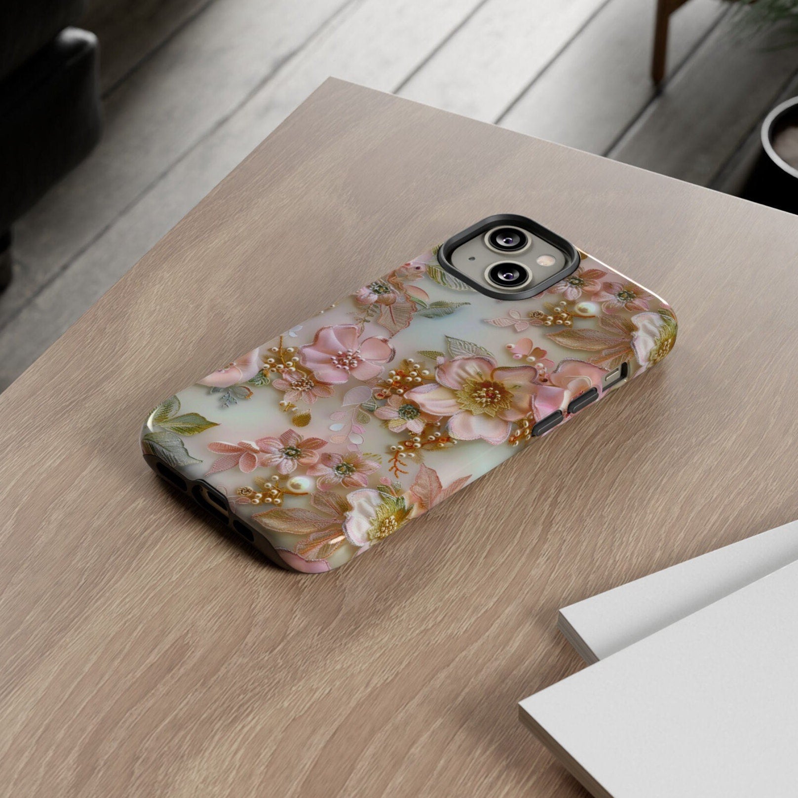 Pink Coquette Floral Lace Collage Phone Case, Faux Embroidered Flowers Pearls Phone Case, iPhone 15 Pro Max, Pixel 8 Pro, Samsung S24 Ultra