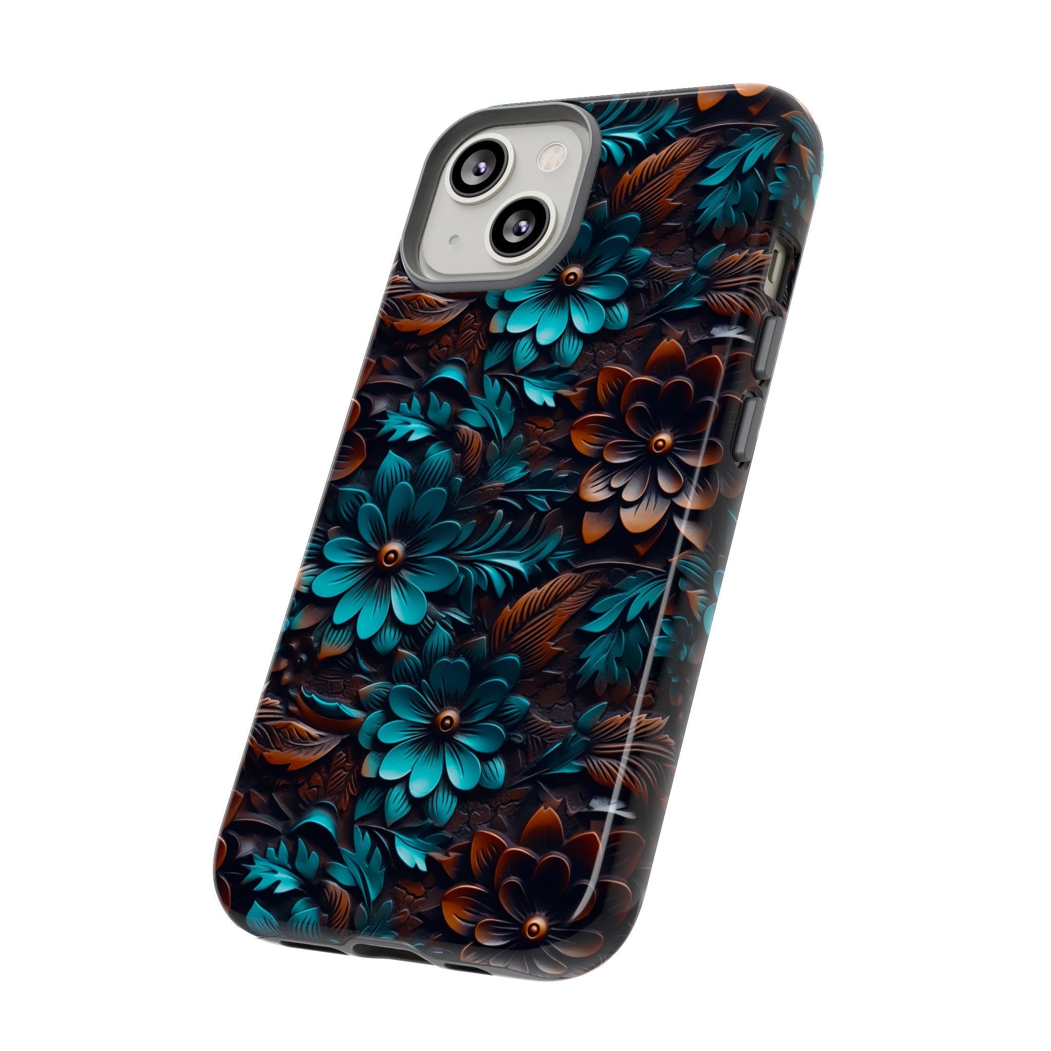 Western Boho Phone Case | Faux Tooled Leather Turquoise Floral Phone Case | Country Leather Phone Cover For iPhone | Samsung | Pixel