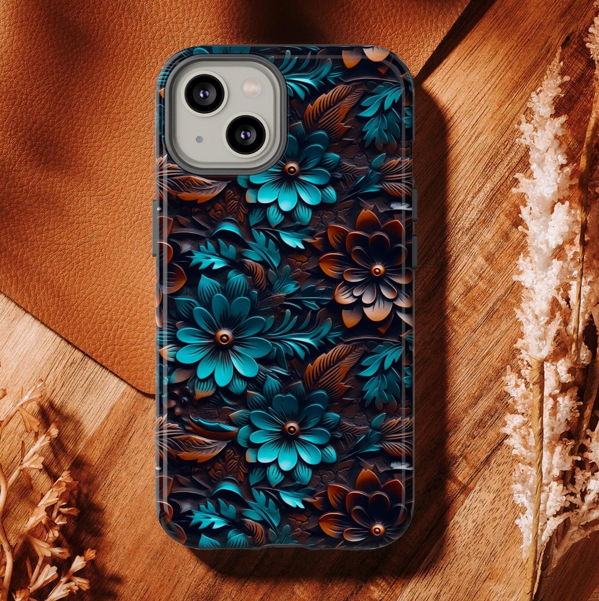 Western Boho Phone Case | Faux Tooled Leather Turquoise Floral Phone Case | Country Leather Phone Cover For iPhone | Samsung | Pixel