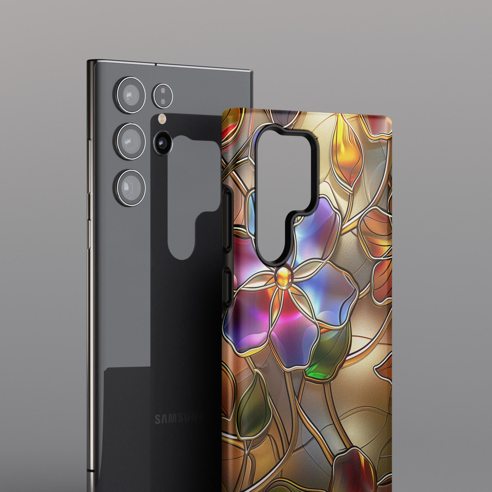 Samsung Phone Case with Gold Wild Flowers Stained Glass Design for Galaxy S24, S23, S22, S21, S20 Plus, Ultra