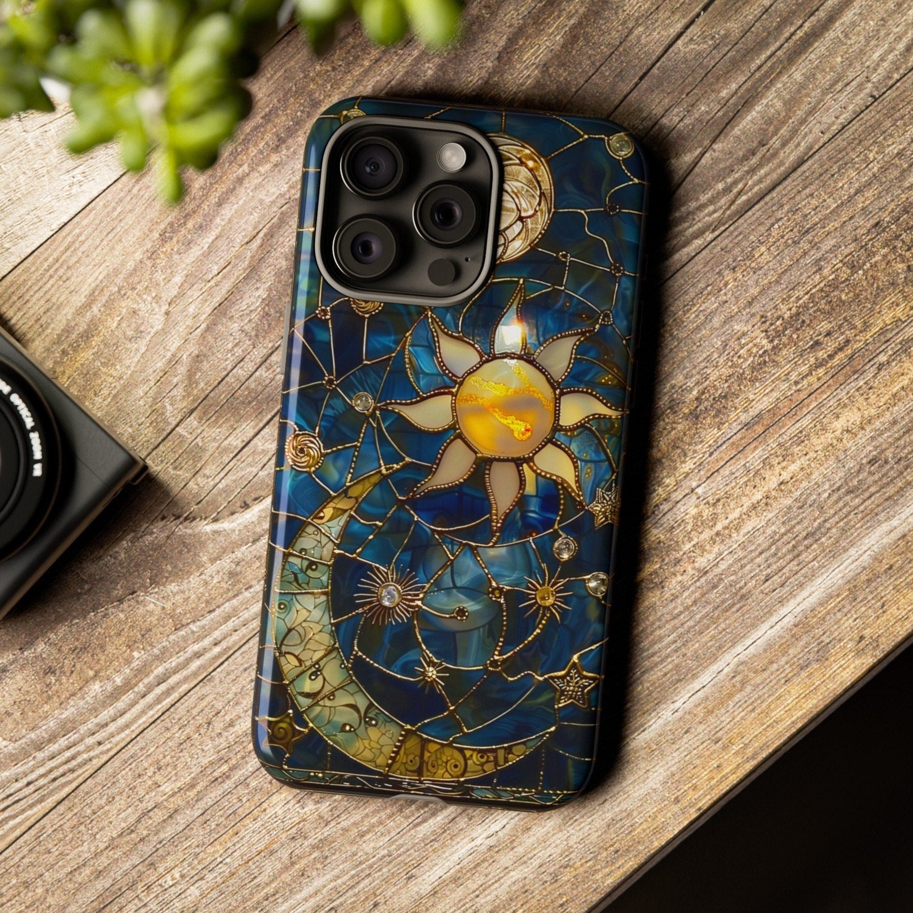 Celestial Stained Glass Moon and Stars Phone Case | Faux Stain Glass Starry Night Sky Design Phone Cover | iPhone 15 | Pixel 8 | Samsung S24