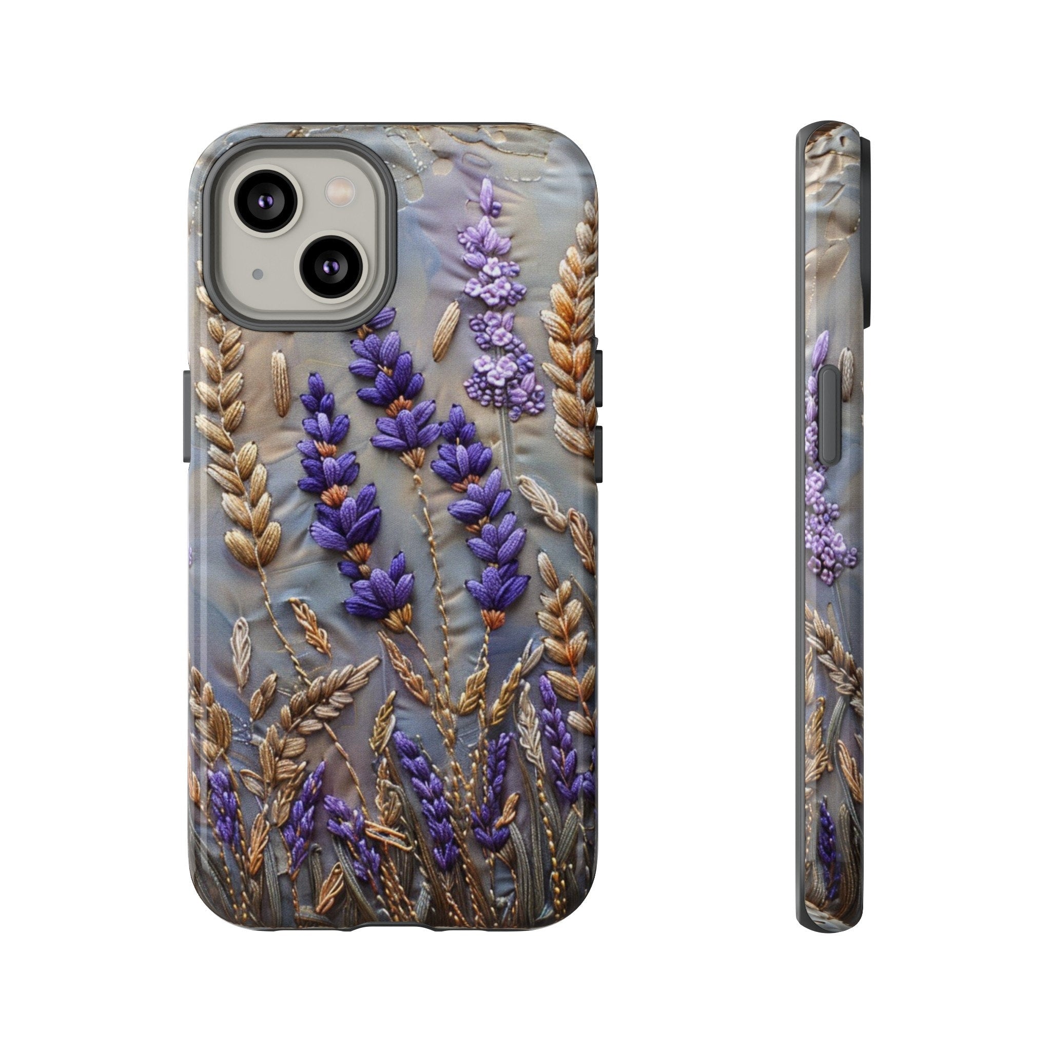 Lavender Flowers Phone Case, Purple Summer Floral Faux Embroidery Phone Cover, iPhone 15 14 13 Pro Max, Pixel 8 7, Samsung S24 S23 Ultra