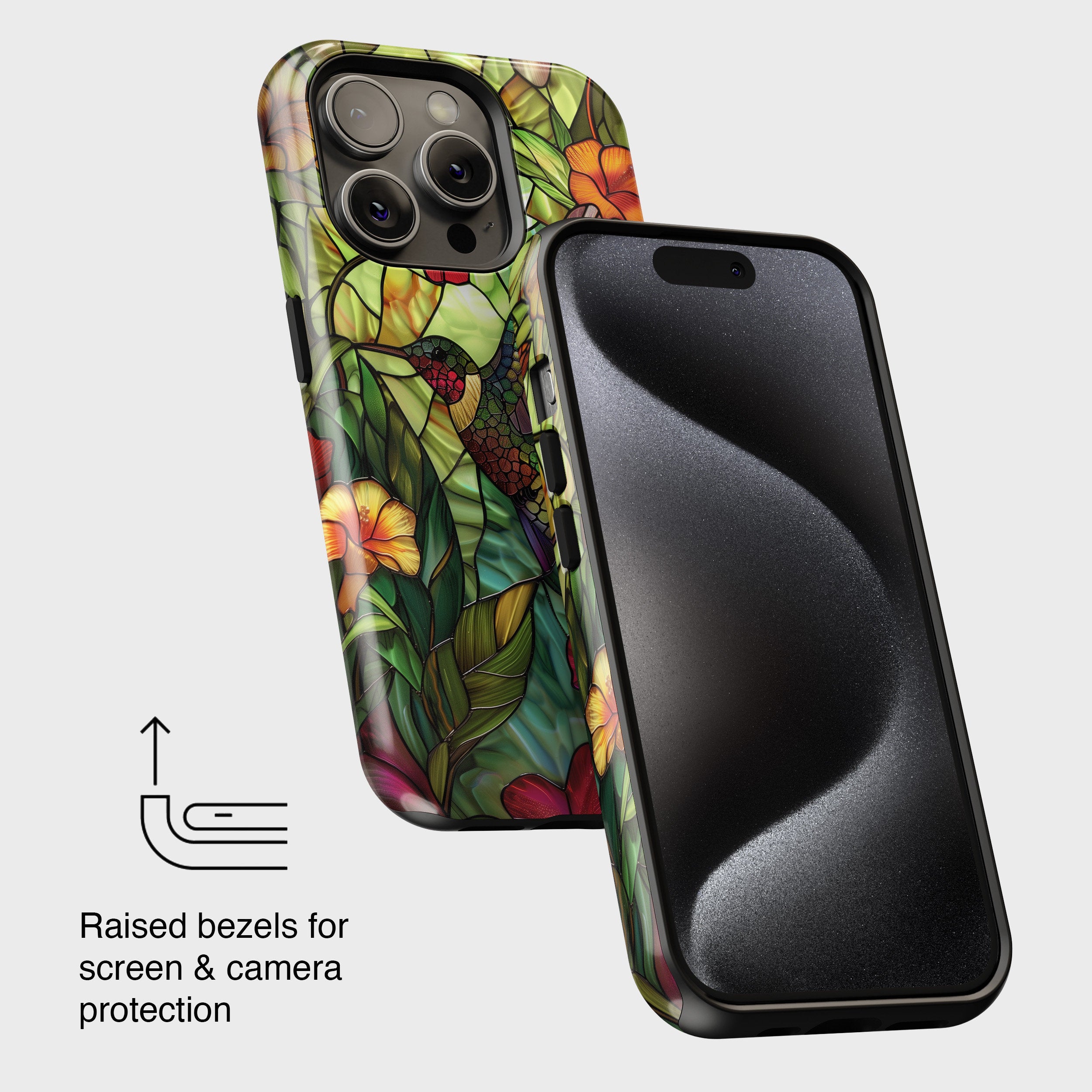 iPhone Case with Colourful Hummingbird Stained Glass Design • Magsafe Phone Case • For iPhone 15, 14, 13, 12, 11, XR, XS, Pro, Max, Mini