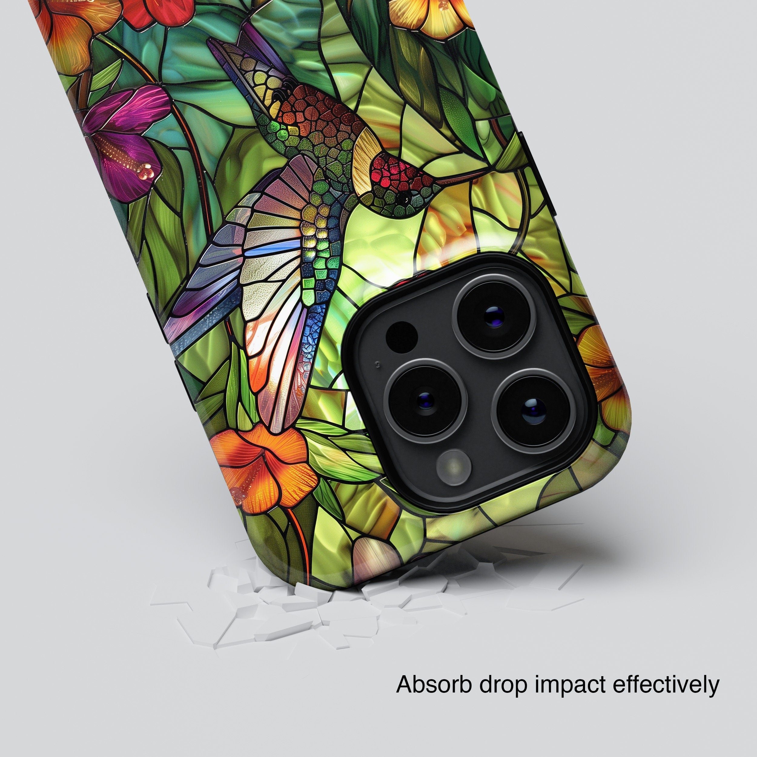 iPhone Case with Colourful Hummingbird Stained Glass Design • Magsafe Phone Case • For iPhone 15, 14, 13, 12, 11, XR, XS, Pro, Max, Mini