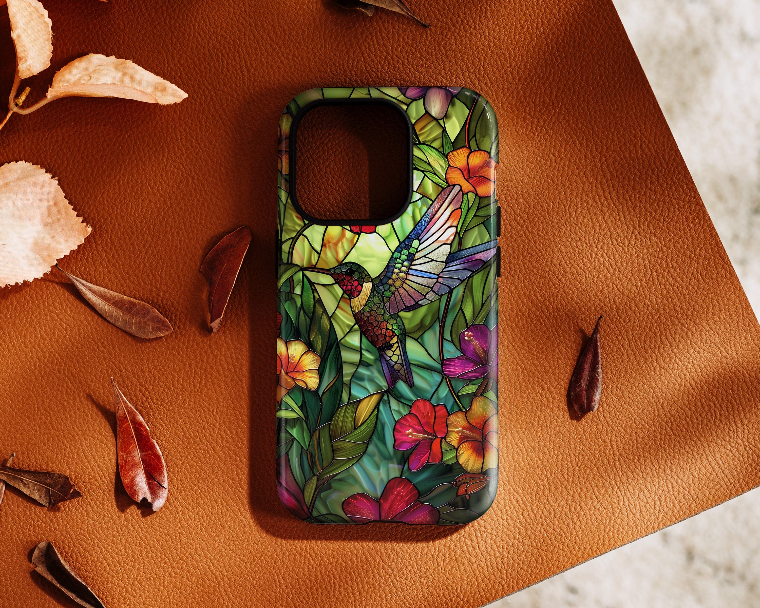 iPhone Case with Colourful Hummingbird Stained Glass Design • Magsafe Phone Case • For iPhone 15, 14, 13, 12, 11, XR, XS, Pro, Max, Mini