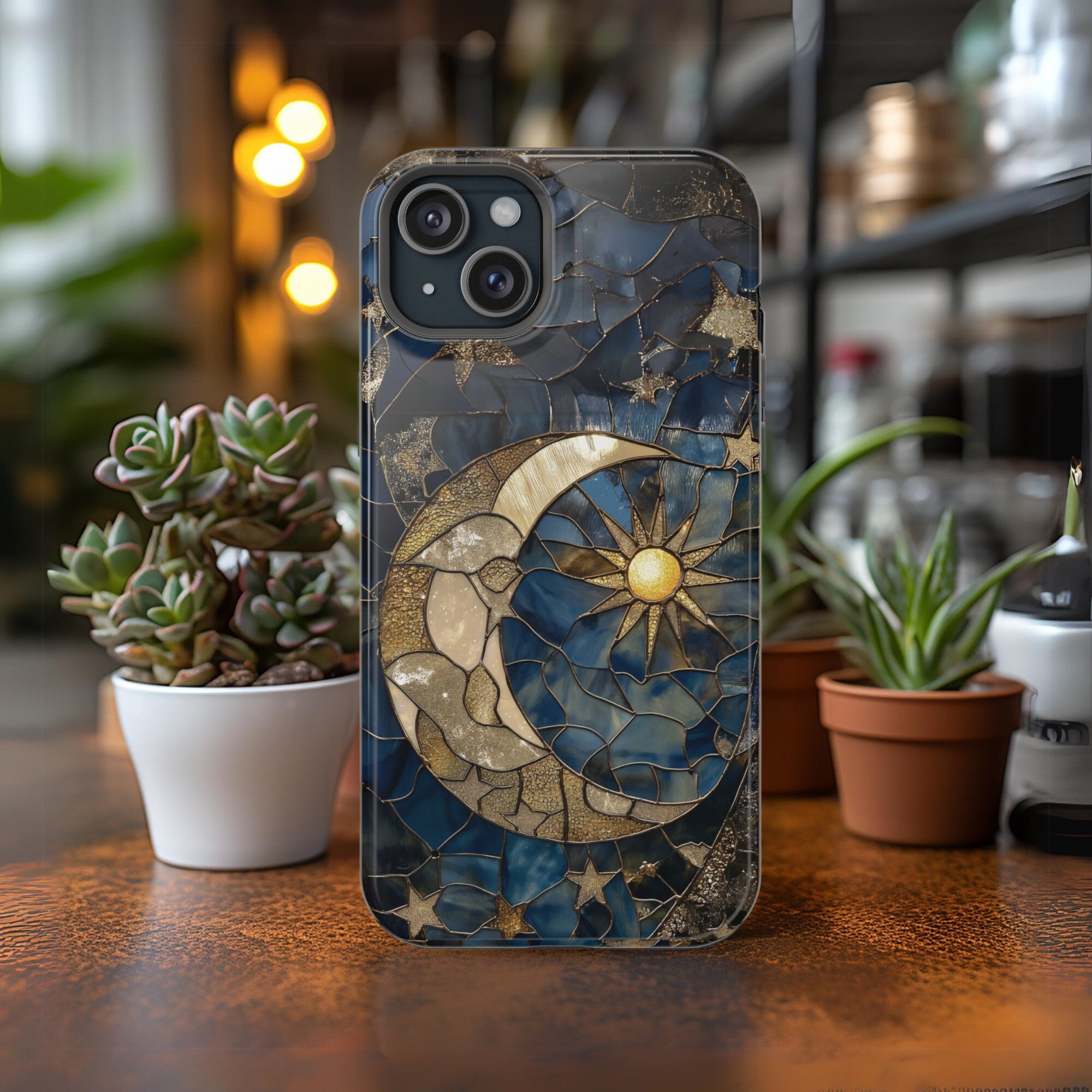 Moon and Stars Phone Case, Celestial Phone Cover Magsafe Compatible Starry Night Sky Space Lover Gift for iPhone 15 14 13 Faux Stained Glass