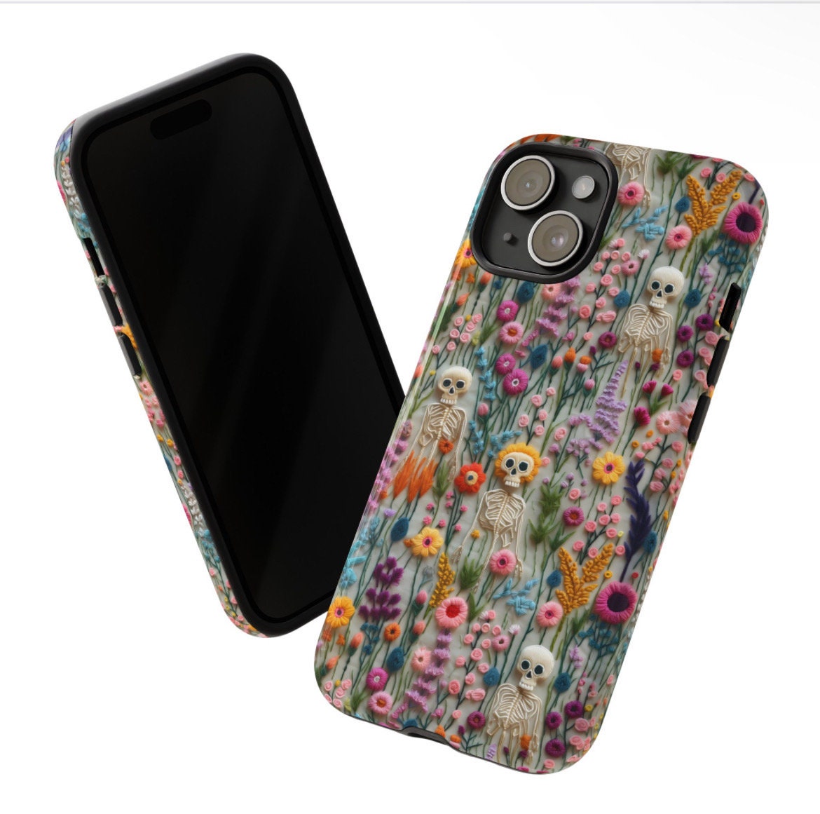 Vintage Skeletons in Bloom Phone Case | Embroidered Look Floral Charm Phone Cover | Halloween Cottagecore | iPhone | Pixel | Samsung